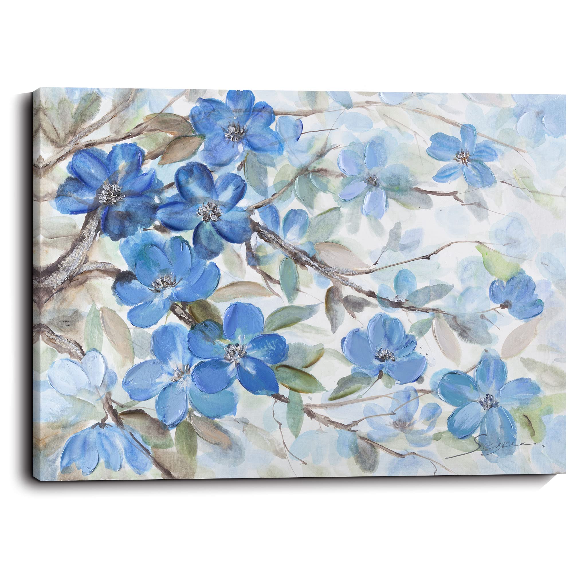 ZNZ Modern Gallery Wall Decor Print Blue Flower on Branches Picture artwork for Wall Bathroom Decor Canvas Wall Art Flora Wrapped Wall Decoration for Kitchen Bedroom Decor Size 12x16 inches Ready to