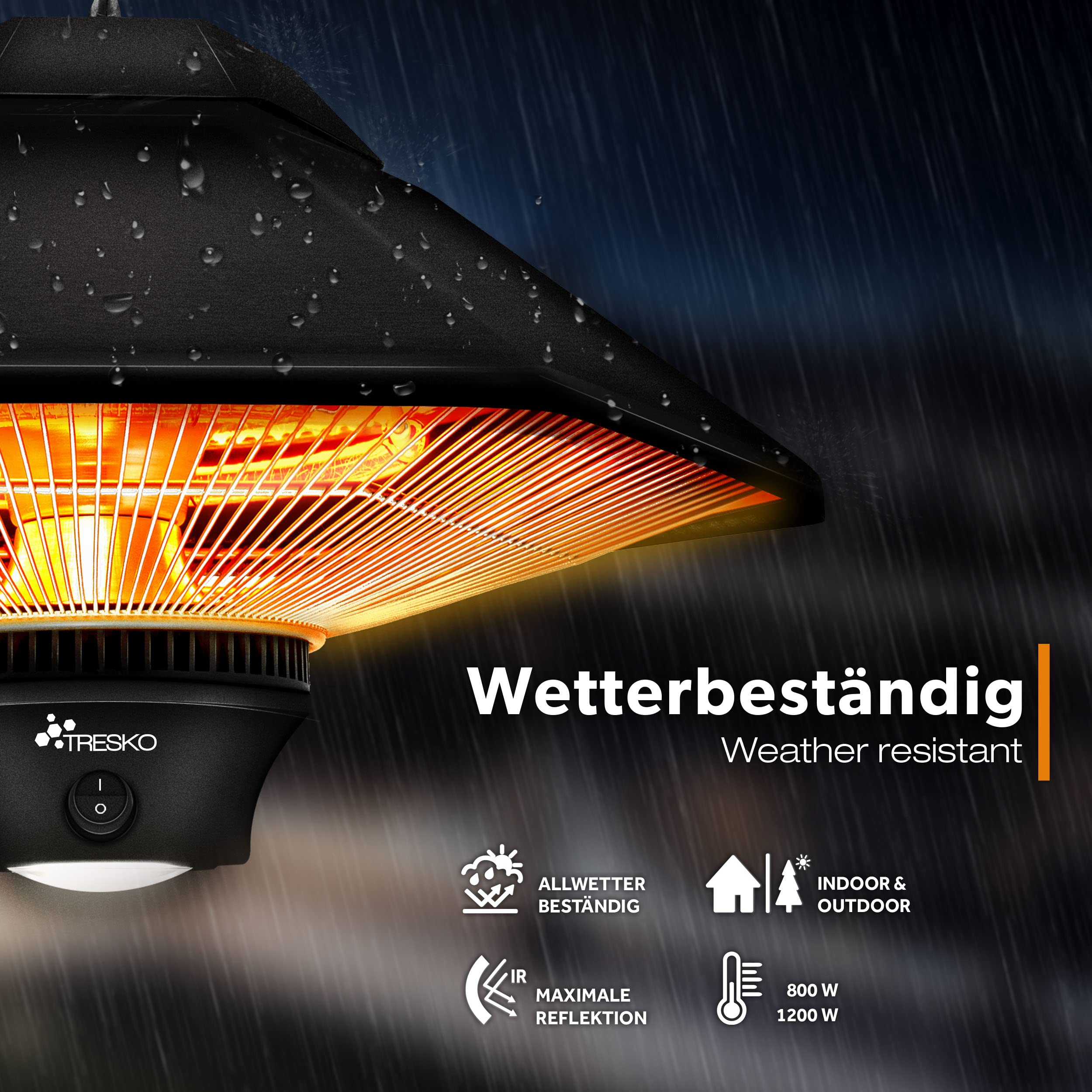 TRESKO Deckenheizstrahler 1200W mit Fernbedienung | Heizstrahler Wärmestrahler mit 2 Heizstufen | Terrassenstrahler Heizpilz Infrarot Innen & Außen | Infrarotstrahler Zeltheizer Decke Terrasse