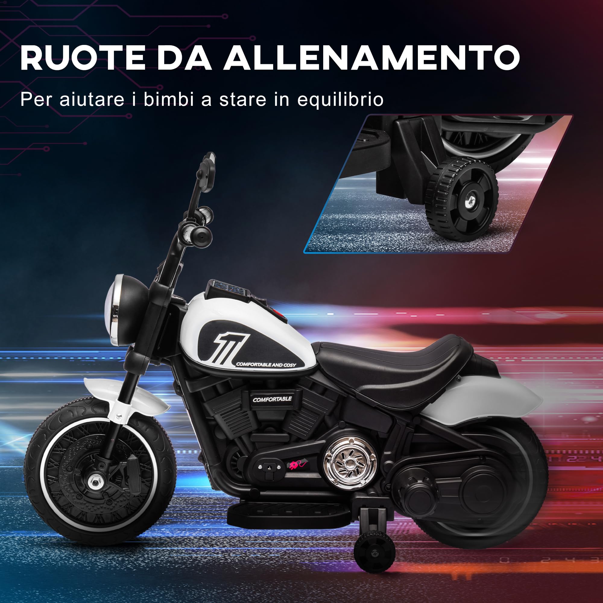 HOMCOM Moto Elettrica Bambini 18-36 Mesi 6V con Rotelle Supplementari, 3km/h Motorino Elettrico per Bambini, Motocicletta Bimbi con Fanale, Max. 25kg, Bianco e Nero