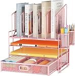 Organisateur de fichiers en maille Marbrasse à 4 niveaux avec supports de fichiers verticaux et tiroir | 5 supports de fichiers verticaux, organisateurs d'espace de travail avec tiroir et 2 porte-stylos, rangement de bureau pour bureau, école, maison (gris)