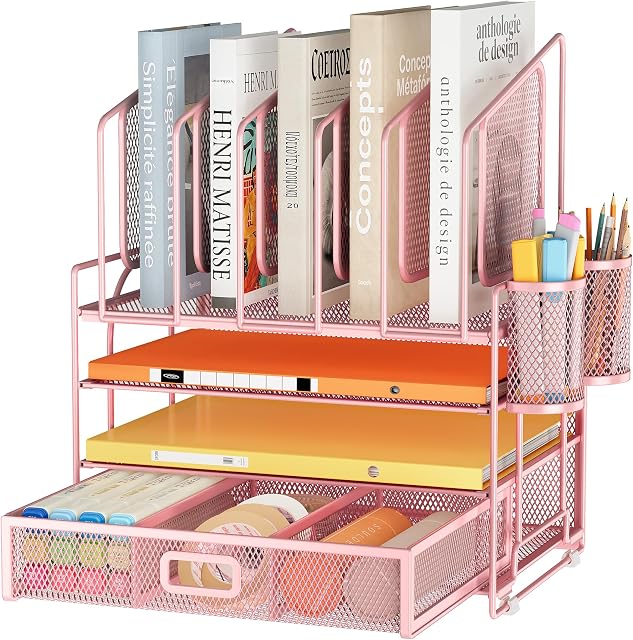 Marbrasse 4 Tier Mesh File Organizer with Vertical File Holders and Drawer | 5 Vertical File Holders, Workspace Organizers with Drawer and 2 Pen Holders, Desk Storage for Office, School, Home(Pink)