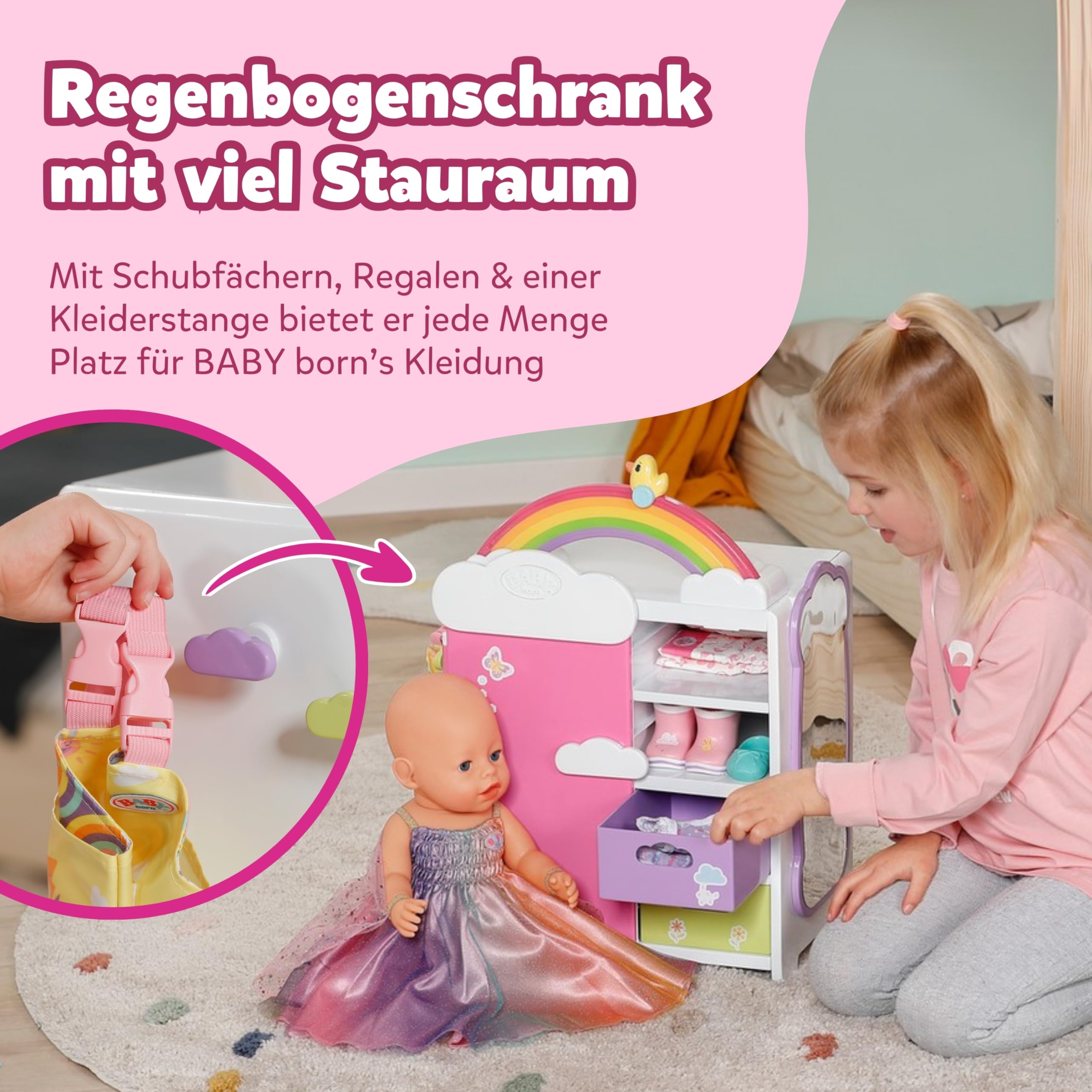 BABY born Regenbogenschrank - Aufbewahrung für Puppenkleidung - Mit leuchtendem Regenbogen & fröhlichen Sounds - Hochwertiges Puppen Zubehör inkl. Schuhbladen, Kleiderbügel & Stickern