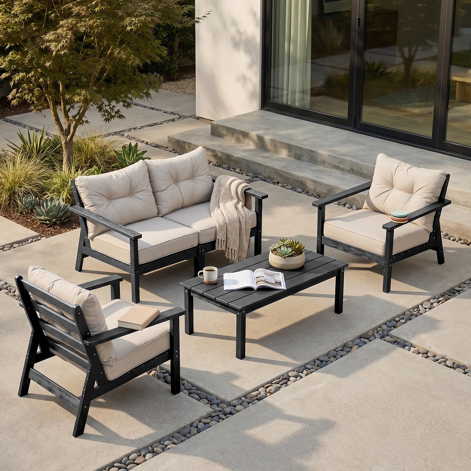 HDPE Patio Conversation Set 4 Seats, Outdoor Furniture Set, Patio Sofa Set