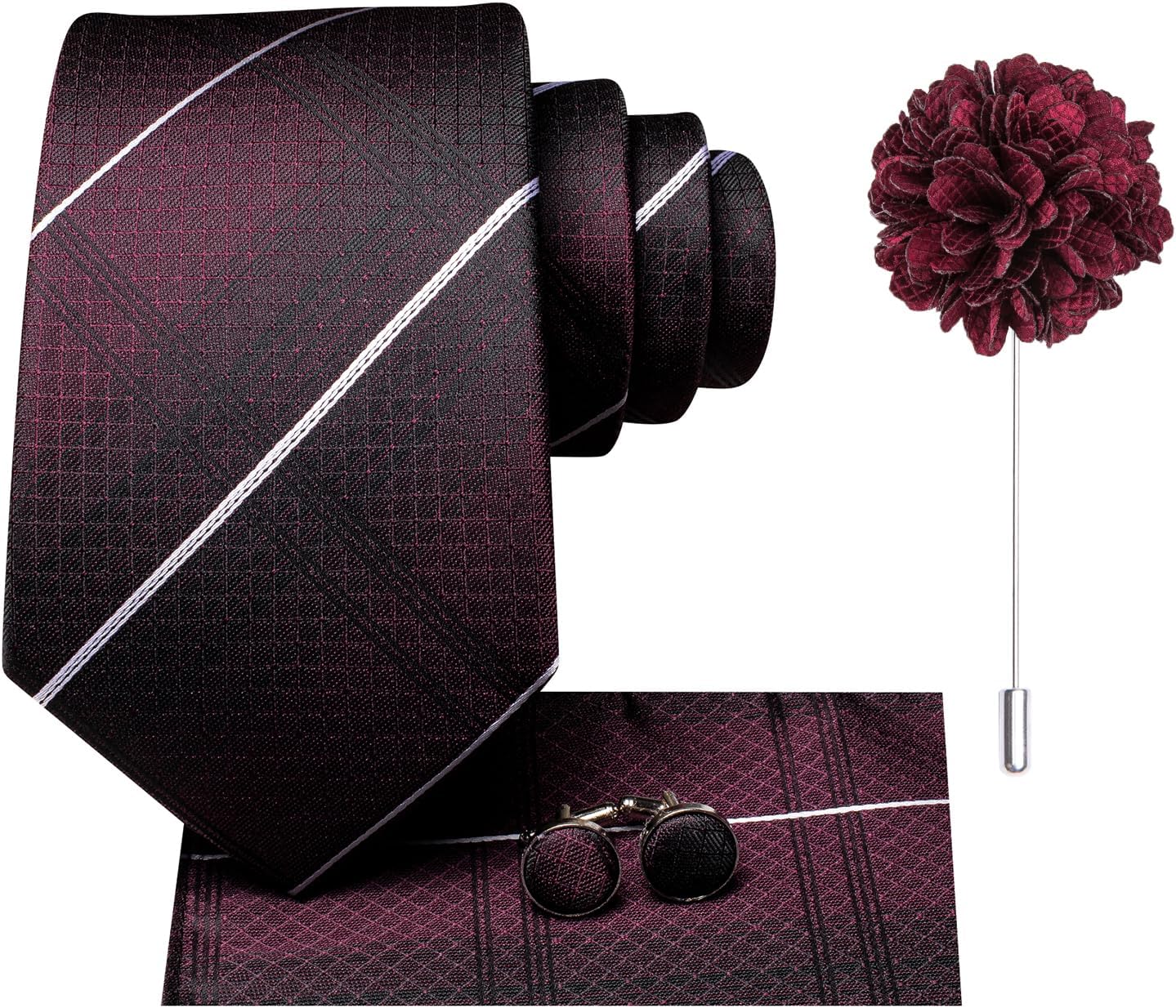 HiTie Men's Burgundy and White Stripe Ties For Men Wedding Silk