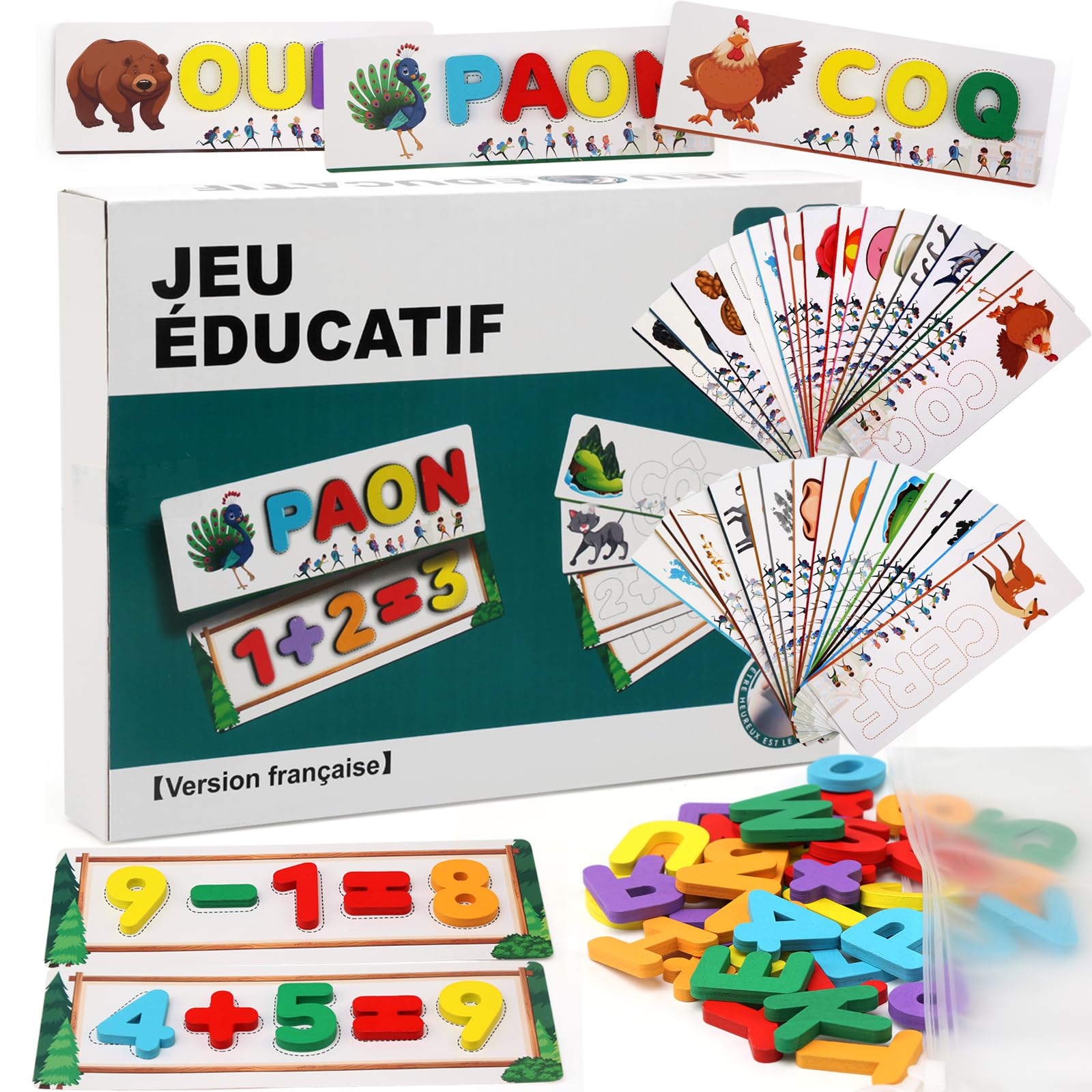 Goorder - Juego educativo de ortografía francesa para niña de 3 años, juguetes de rompecabezas alfabeto de madera, niño, juguete Montessori, juegos de letras Scrabble Aprender a leer, regalo infantil