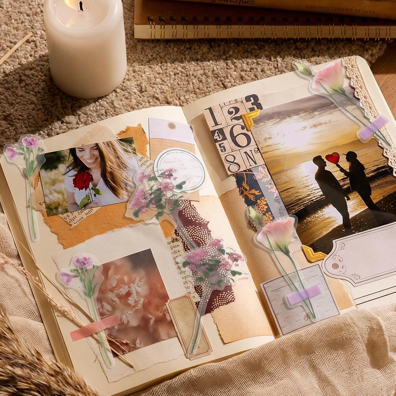 Prudiut 160 Pcs Vintage Scrapbook Supplies Kit, Including 120 Sheets Scrapbook Paper Pad 40 Decorative Flower Stickers, Junk Journal Accessories Scrap Book Crafting for Mixed Media Collage Card Making