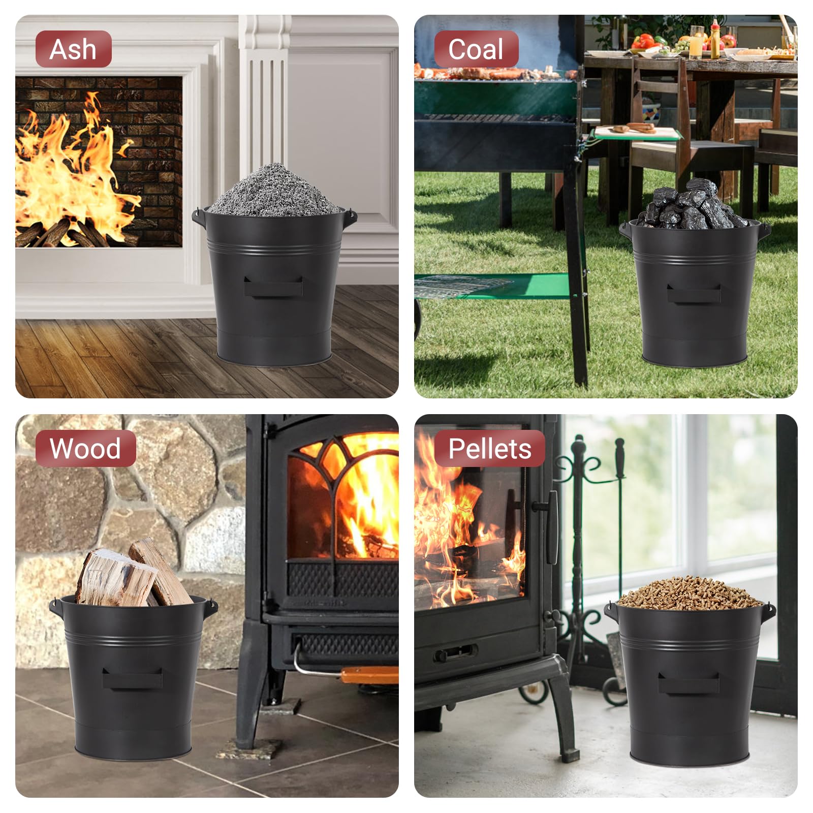 Todeco Secchio per Cenere in Metallo 24 L con Coperchio, Paletta & Spazzola, Resistente al Calore, Manico in Legno, per Camino, Stufa a Legna, Focolare, Barbecue e Campeggio, Nero