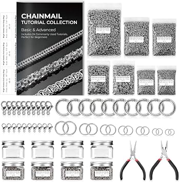 12500+ Pcs Chainmail Kit Stainless Steel Chainmail Jump Rings Bulk Chainmail Rings 3/4/5/5.6/6/7/9mm-ID 2 Handmade Pliers 20 Lobster Clasps 10 Spring Rings with 24 Chainmail Braiding Tutorials