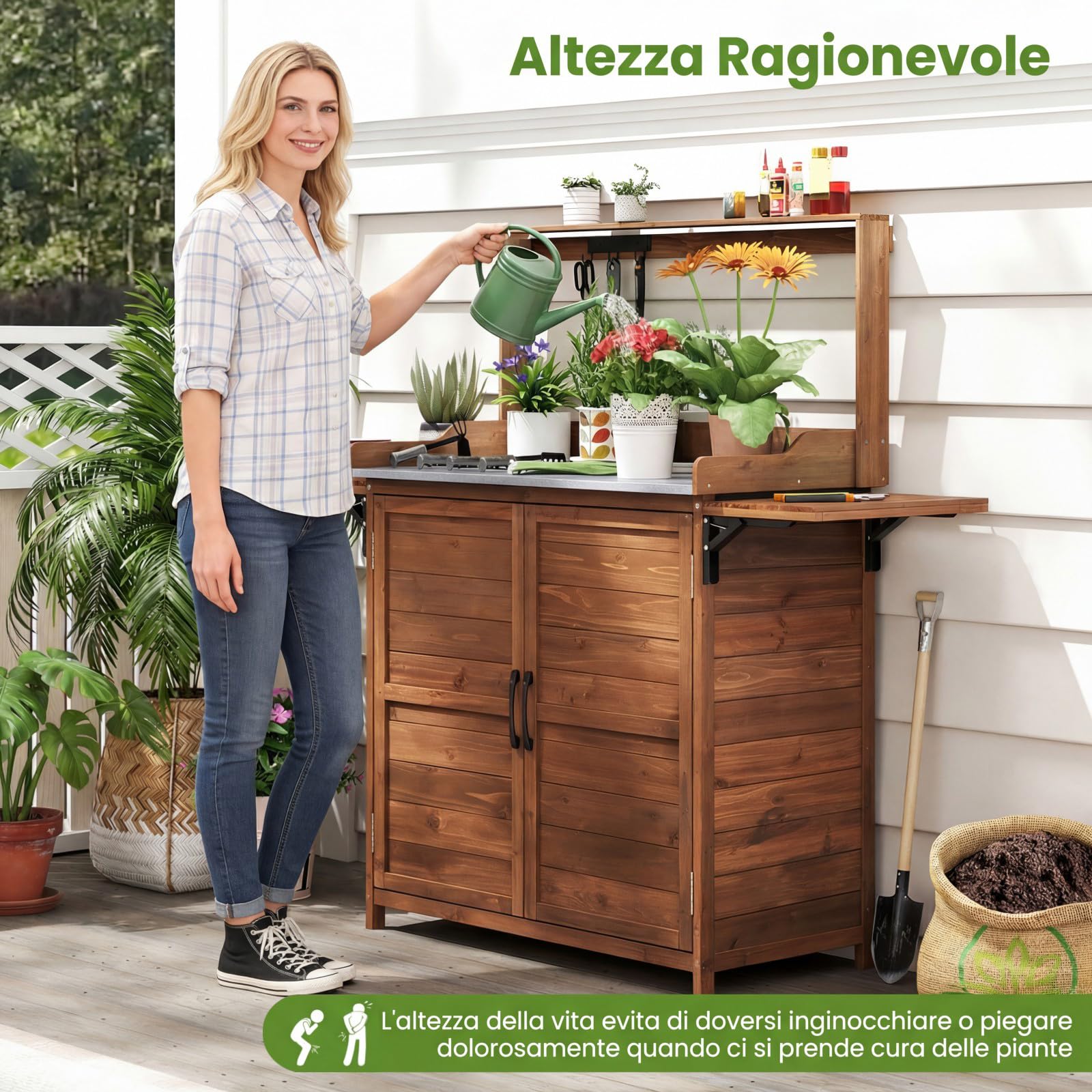 COSTWAY Tavolo da Giardino con Piano Zincato Impermeabile, Mensole Pieghevoli, Ripiano Regolabile, Ganci e Armadietto, Banco per Giardinaggio in Legno da Esterno, 138 x 47 x 128 cm