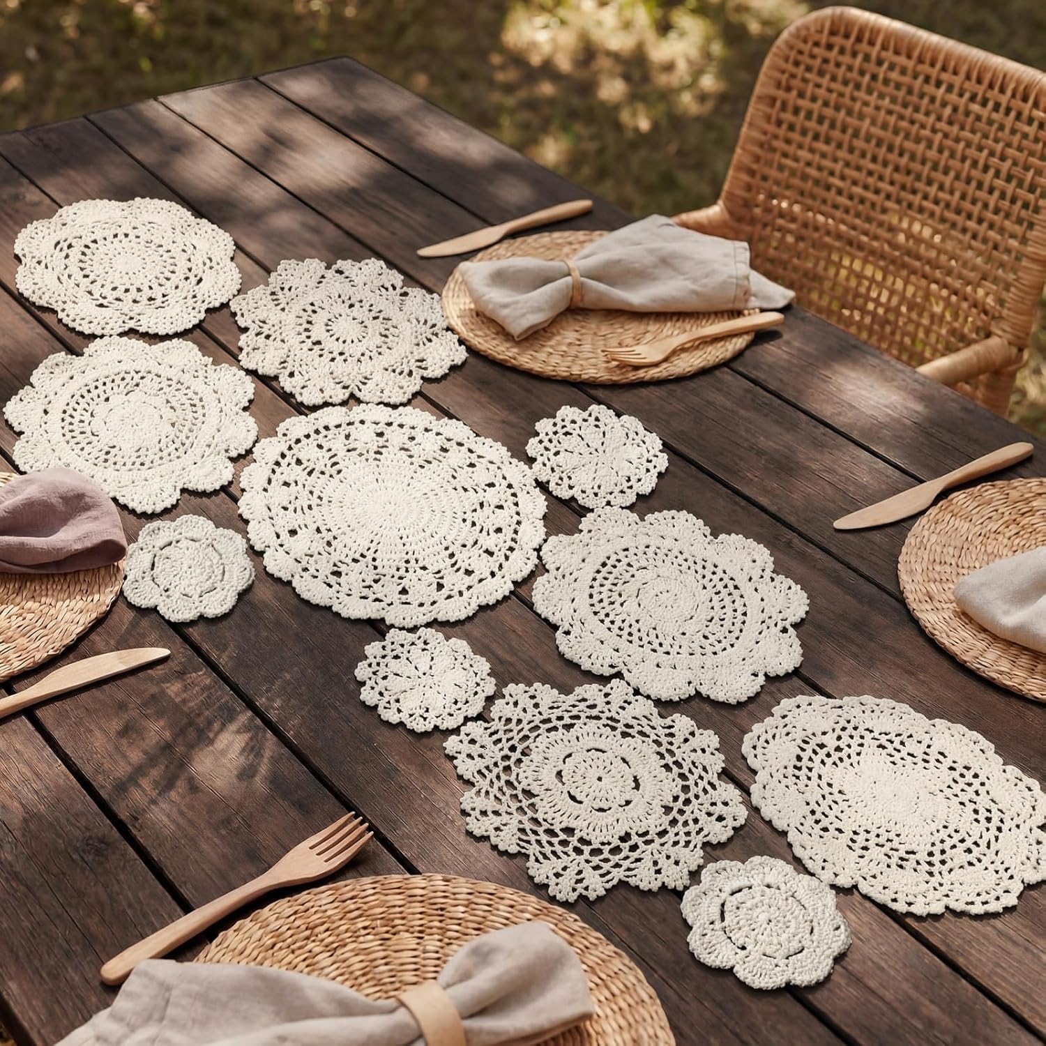 Frienda 11 Pcs Crochet Cotton Lace Doilies for DIY Crochet Table Runner 4 to 10 Inch Vintage Round Handmade French Lace Doily for Table Centerpiece Wedding Bridal Shower Birthday Decor(Beige)