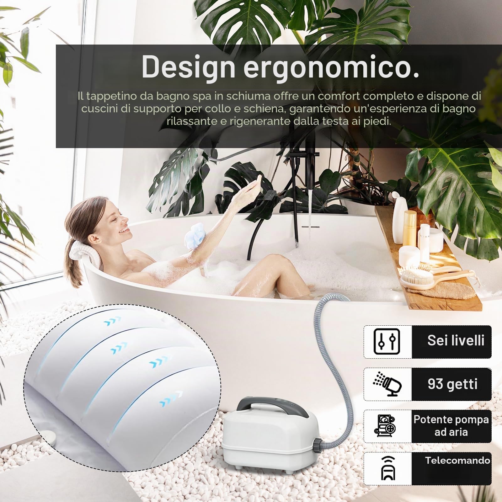 Idromassaggio per Vasca da Bagno, Tappetino Idromassaggio Tappetino SPA ad Aria con Illuminazione LED Multicolore 6 Livelli di Intensità 93 Ugelli e Cuscino Accessorio per Spa Domestica
