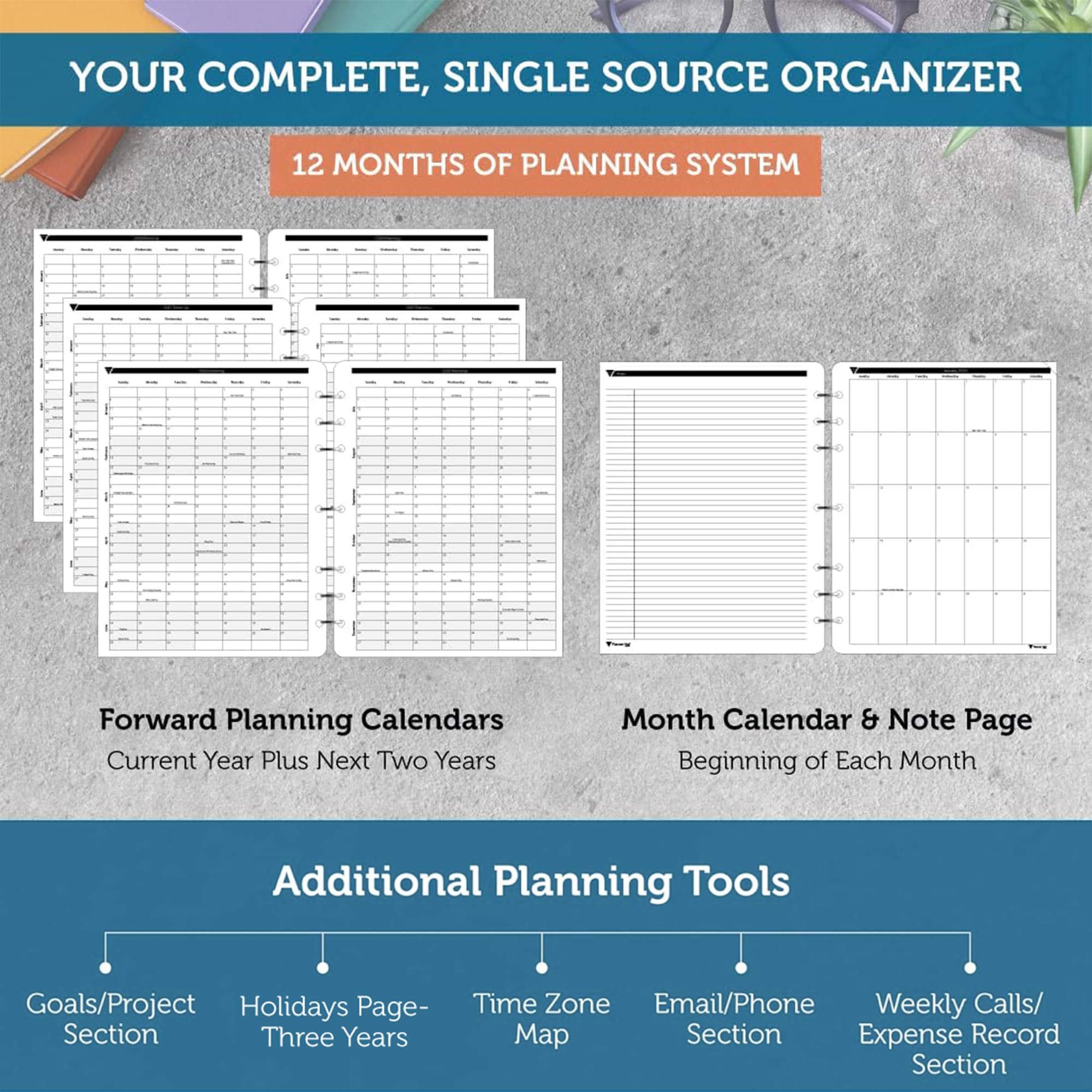 Planner Pad 7 Löcher lose Blätter, Januar-Dezember 2027/Kalenderjahr 21,6 x 27,9 cm, großer 3-stöckiger Trichter, 12 Monate/Wochen-Organizer, schwarze Tinte