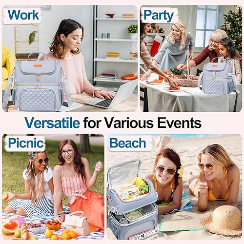 Miniatura 7 de Bolsas de almuerzo para mujeres, lonchera de doble compartimento para el trabajo, a prueba de fugas, lonchera grande aislada para adultos, para