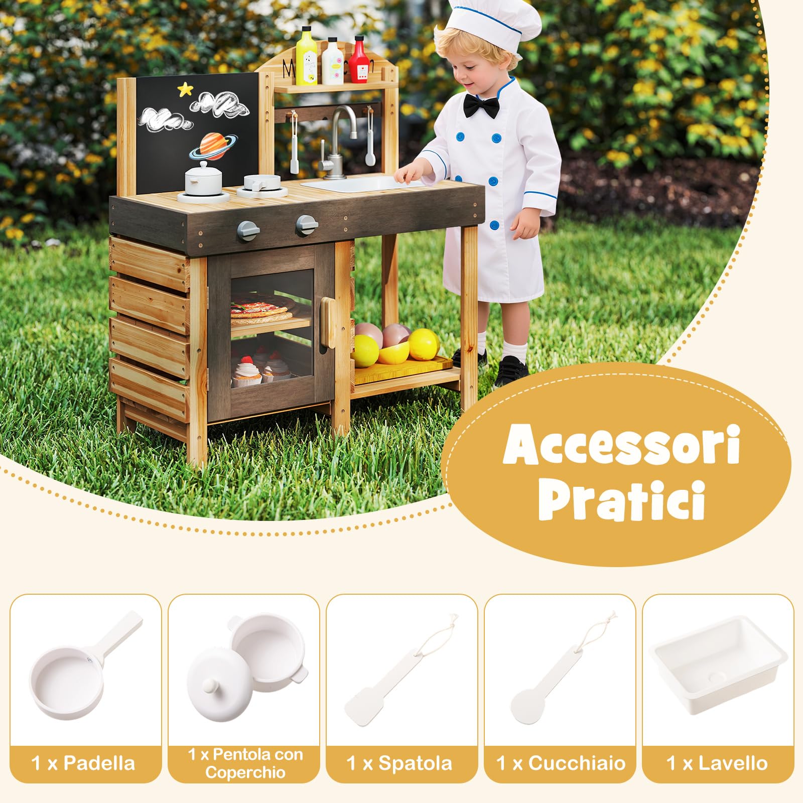 RELAX4LIFE Cucina Giocattolo per Bambini, Cucina in Legno con Lavagna, Fornelli, Lavandino, Forno e Utensili da Cucina, Giocattolo Educativo per Bambini 3+ Anni