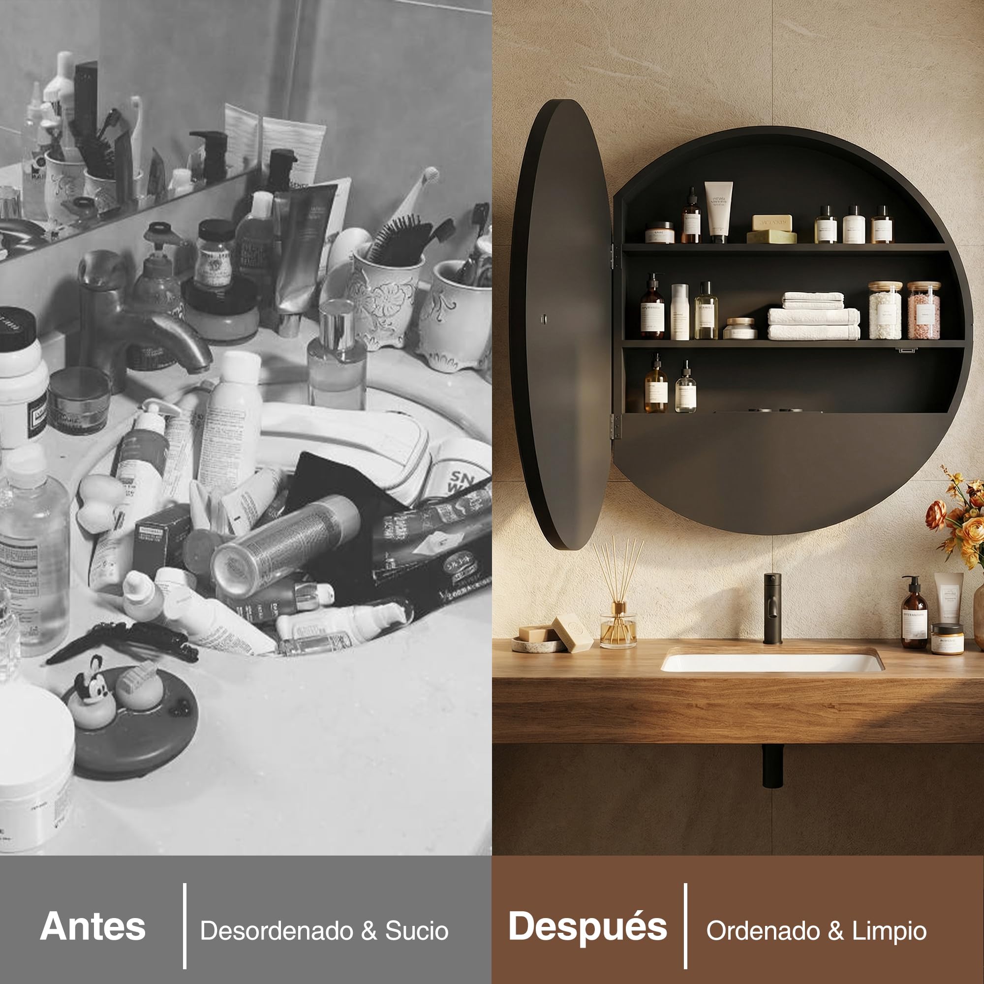 Armario Baño con Espejo LED iluminación y Función de Desempañado Redondo Armario Baño Espejo de Pared con Enchufe y Lupa de 10x Negro (No Requiere ensamblaje) 50x50x15 cm