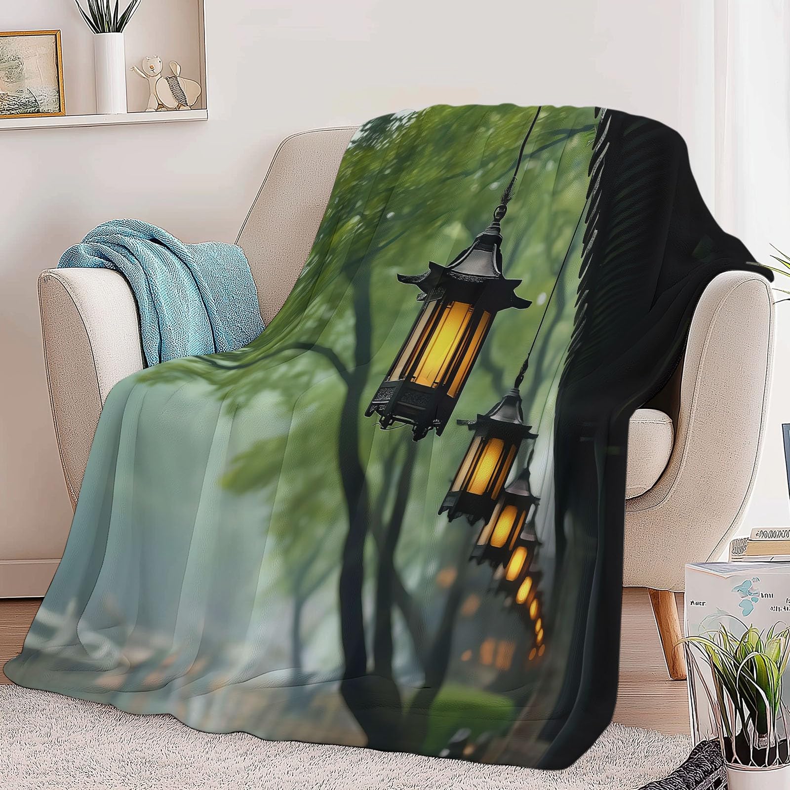 Łupek zielony koc narzuta, chińska architektura, okap, scena uliczna, całoroczny, flanelowy koc, 220 x 240 cm, łupkowa zieleń, miękki, lekki, przytulny, puszysty, pluszowy koc, prezent dla dorosłych