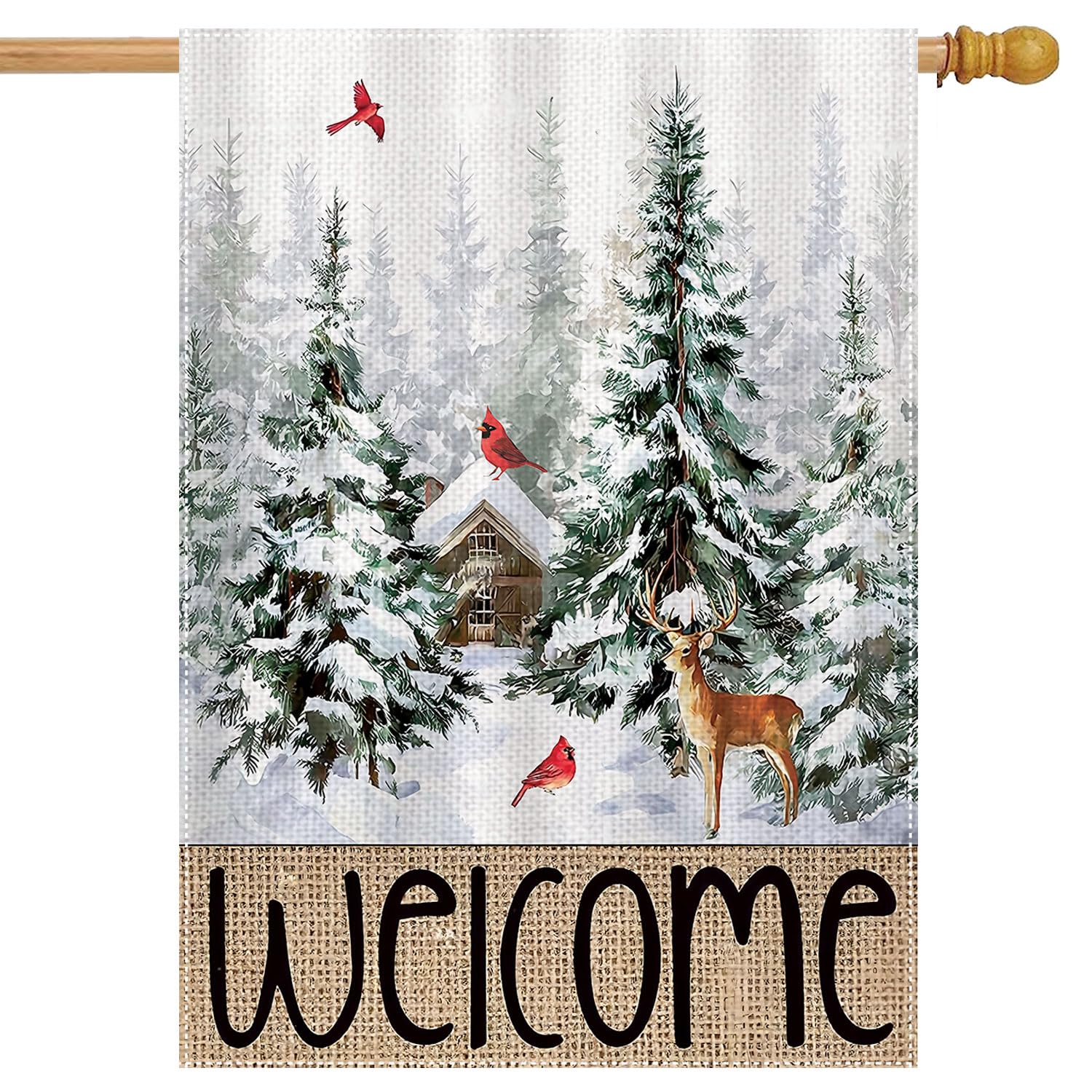 Winter House Flags for Outside 28 X 40 Double Sided Large Rustic Burlap Farmhouse Welcome Decorative Flags for Outdoor Decor Holiday Front Porch Decoration Red Cardinal Deer House