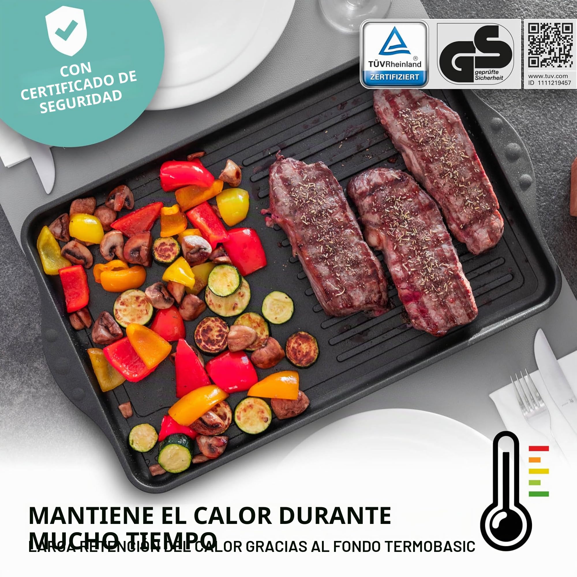 Plancha de aluminio fundido - 43 x 28 x 2,5 cm - Para inducción y todo tipo de cocinas - Recubrimiento antiadherente - Antideslizante - Made in Germany - Sin PFOA