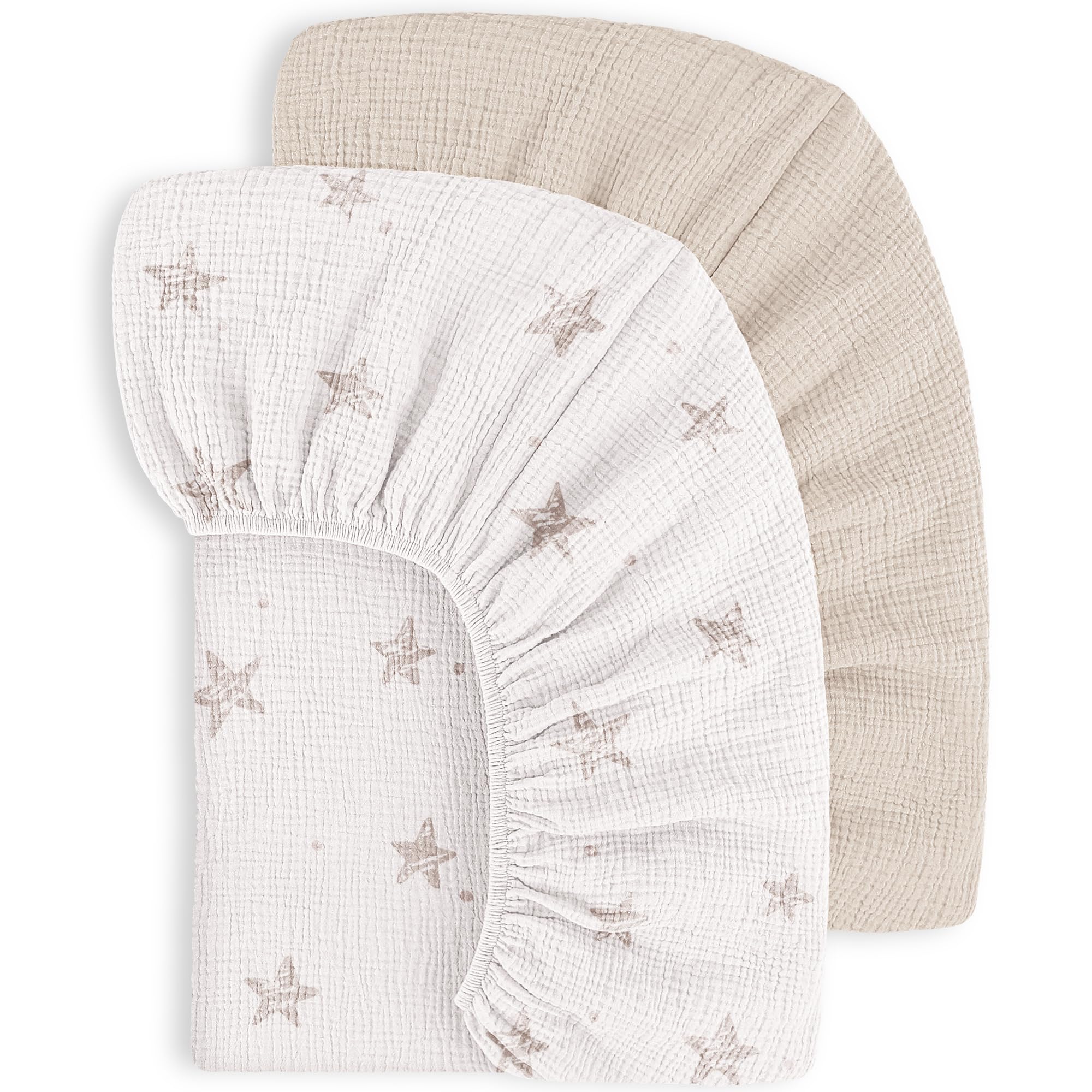 Susurration 100% Cotone Set di 2 Lenzuola Con Angoli per Cotone Bambini, Lenzuolo in Mussola di Lenzuolo per Lettino da Viaggio 60x120cm/70x140cm (Crema Star)