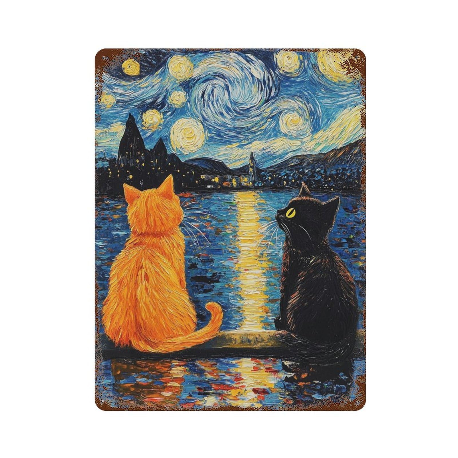 Cats in Starry Night Painting Rusty Metal Tin Sign 15.7"x11.8", Industrial Home Decor for Garage, Pub Or Kitchen