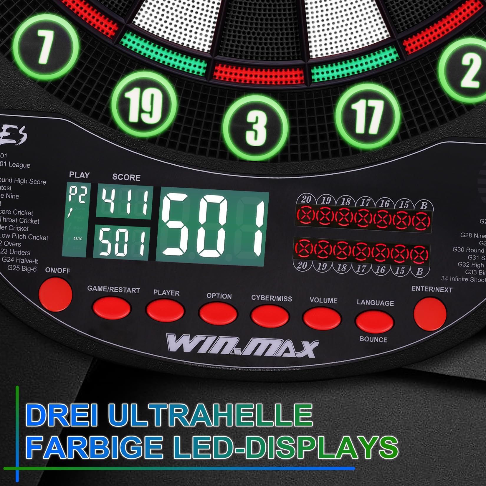 WIN.MAX Elektronische Dartscheibe Profi Set mit 354 Varianten 3 Sprachen: Deutsch, Englisch, Französisch für 1 bis 8 Spieler mit 12 Darts