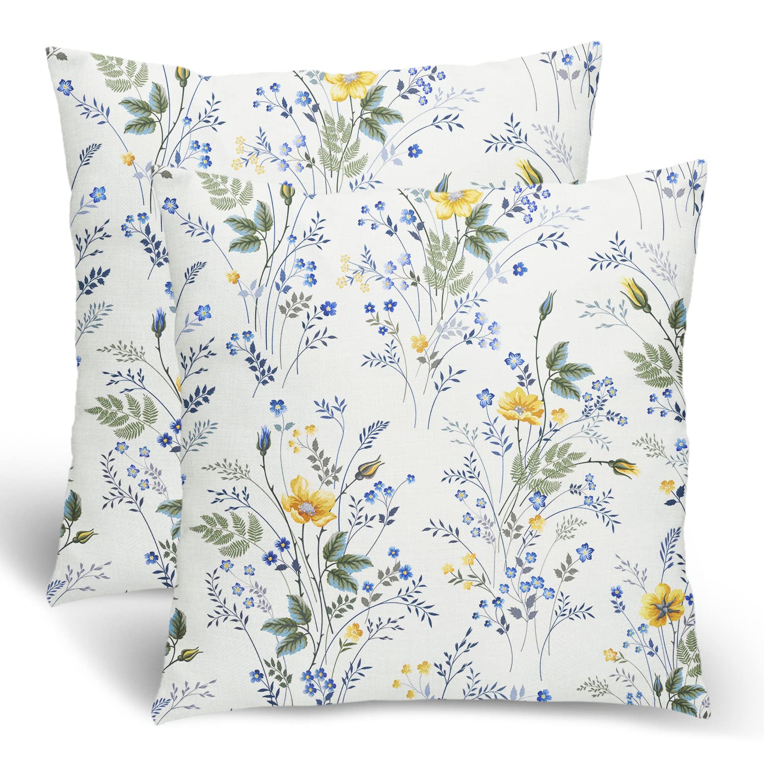 LB Farmhouse Floral Pillow Covers Set Of 4 - 18x18 Inch Spring Blue Yellow Flower & Butterfly Cushion Cases For Sofa Living Room Decor