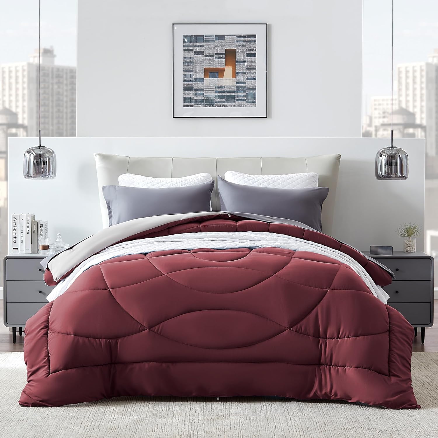 SLEEP ZONE Comforter Duvet Insert, King Size Quilted Reversible Comforters, Soft All Season Duvet, Down Alternative Breathable Bedding with 8 tabs, 2 Sides Burgundy Gray 102 x 88 Inches
