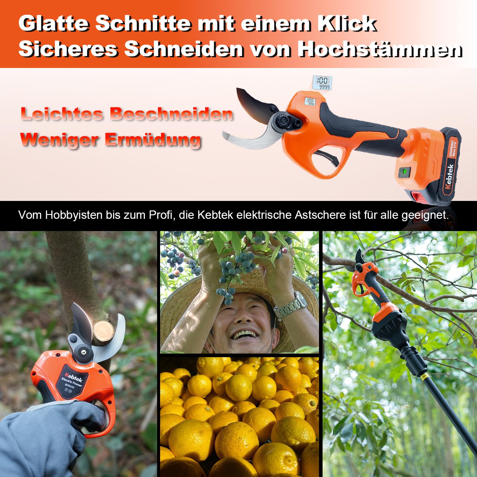 Kebtek Akku Gartenschere Akku Astschere 40mm, 1,6''-0,98'' Elektrische Schere Zweige Schneiden Buchsbaumschere Elektrisch Profi für Gartenarbeit Schwerlast (Nur ScherenköRper)