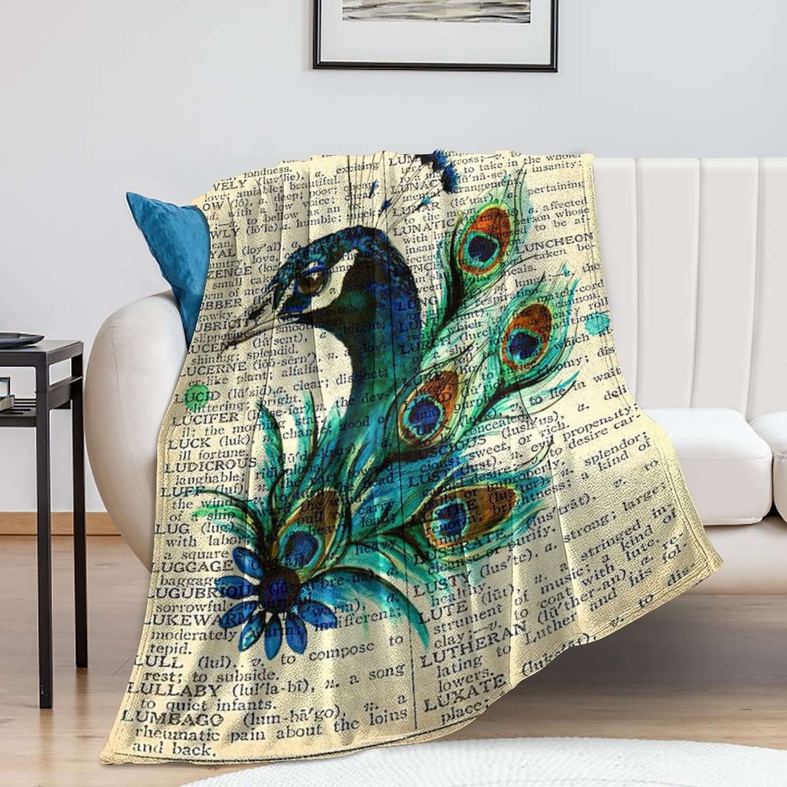 Couverture voyage paon vintage en flanelle microfibre 152x203 cm pour lit