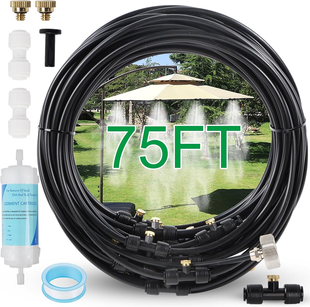 Outdoor Misting System for Patio Cooling, 75FT Water Mister Hose Kit, Cooling Misters for Porch, Backyard, Yard, Garden, Portable Mist System with Brass Nozzles for Outside
