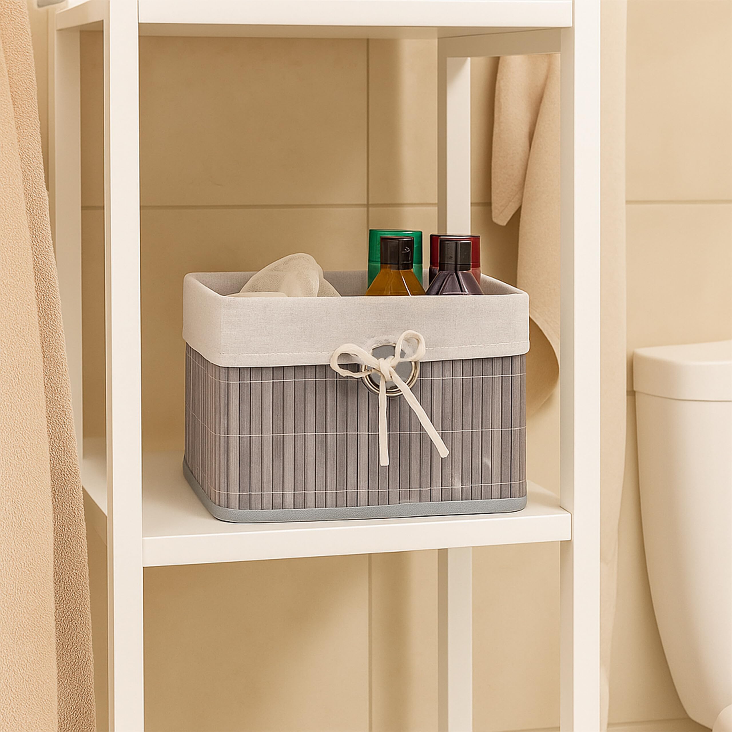 Relaxdays Set 4 Cestas de Almacenaje, Bambú, Forro de Tela, 20 x 31 x 31 cm, Cestitas con Agujero para Asa, Gris, 20% poliéster 70% 10% Acero, 4 Unidades