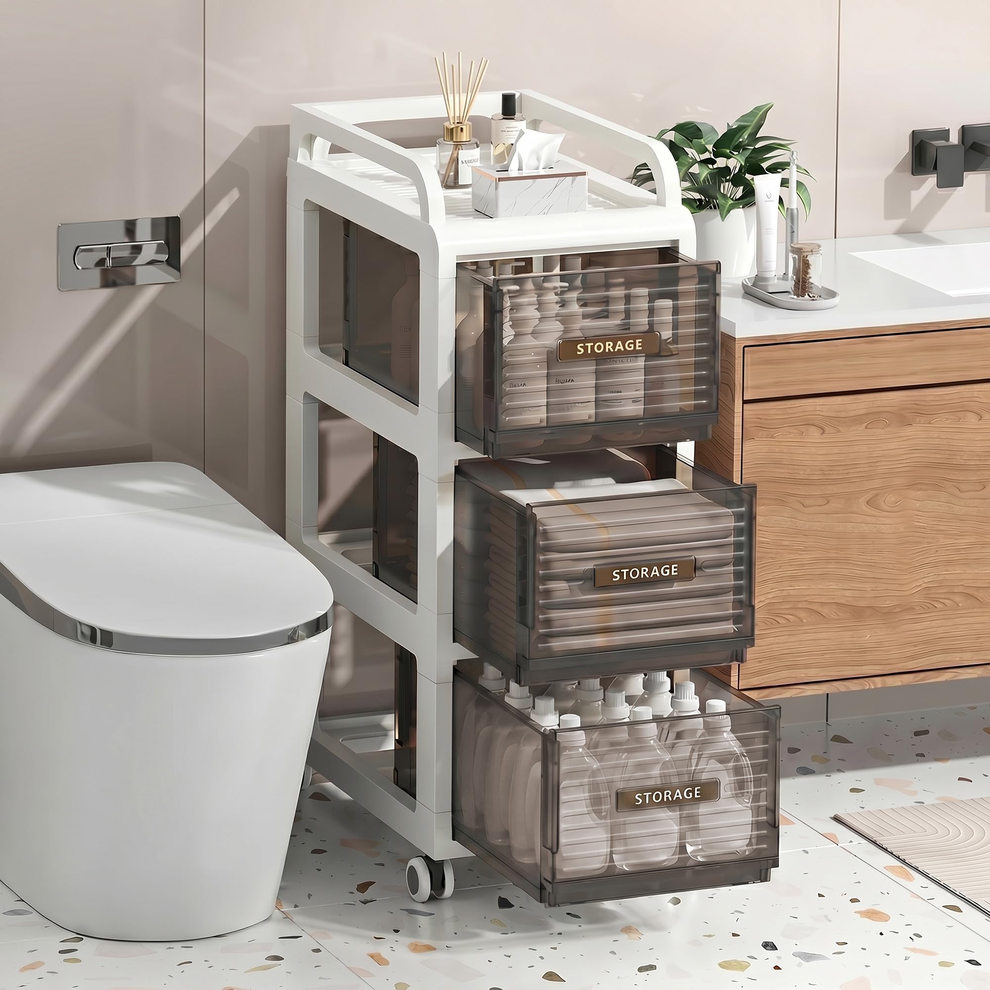 badezimmerschrank auf Rollen, 30cm badschrank schmal mit 3 Schubladen | Schubladenschrank, bathroom cabinet Für Küche, Büro, Schlafzimmer unter dem Schreibtisch, 66 cm hoch (30x41x75 cm)