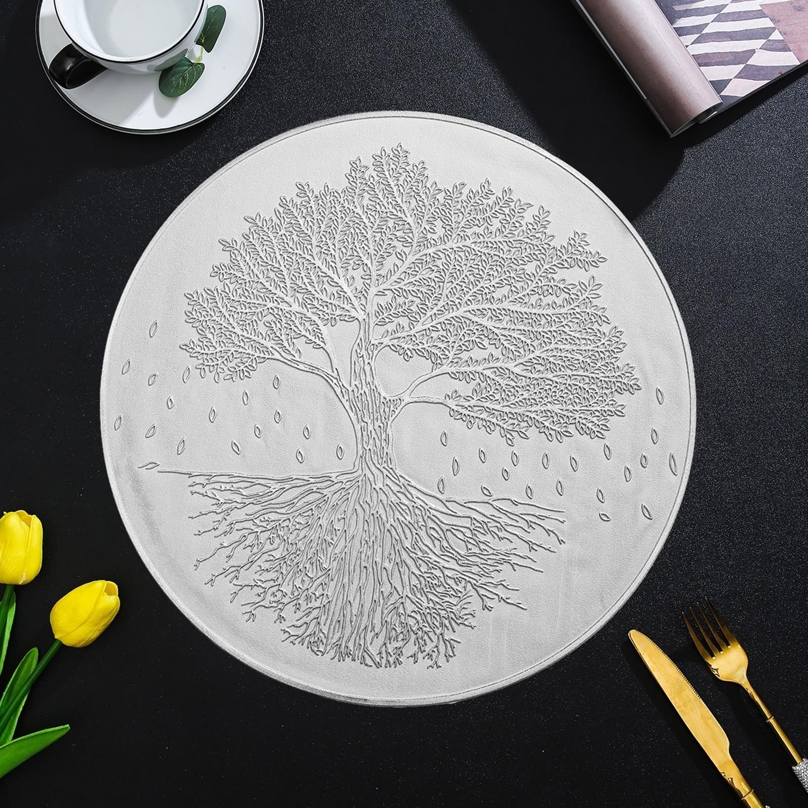 Placemat - Juego de 6 manteles individuales de mesa (38 cm), diseño de árbol y hojas, color plateado
