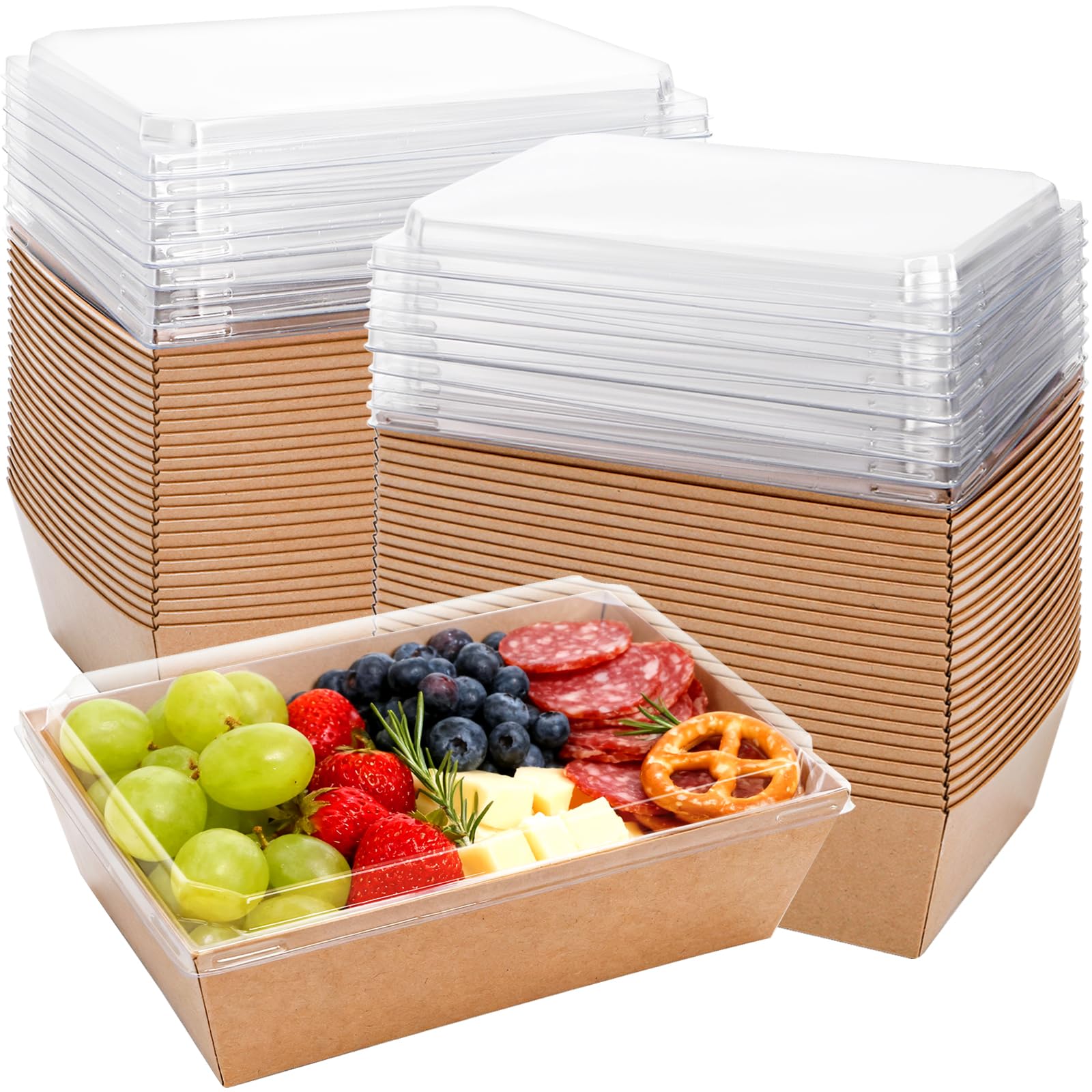 Hiceeden 50 Pack Charcuterie Boxes with Clear Lids, 8.4"×5.7"×2.8" Paper Bakery Dessert Sandwich Box, Disposable Large Food Containers for Cookies, Donuts, Muffins, Salad, and Pastry, Brown