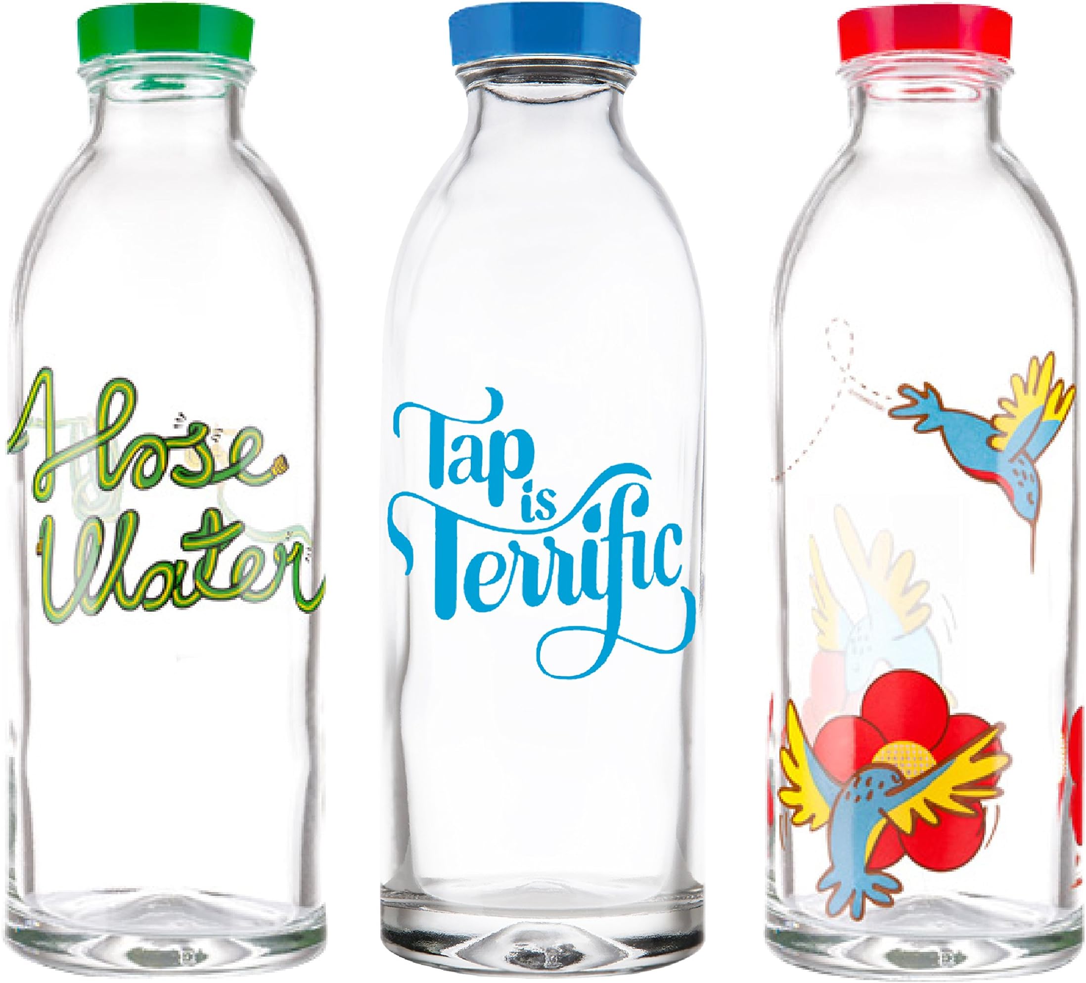 Gift Pack - 3 Classic Design, Reusable Glass Water Bottles By Faucet Face, 14.4 Oz.