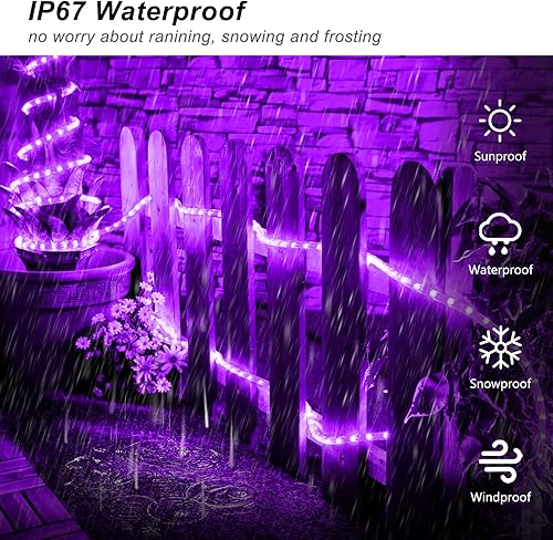 Miniatura 8 de JMEXSUSS Paquete de 2 luces moradas de Navidad a pilas para exteriores, impermeables, cada cadena de 100 luces LED de 33 pies, luces moradas a pilas