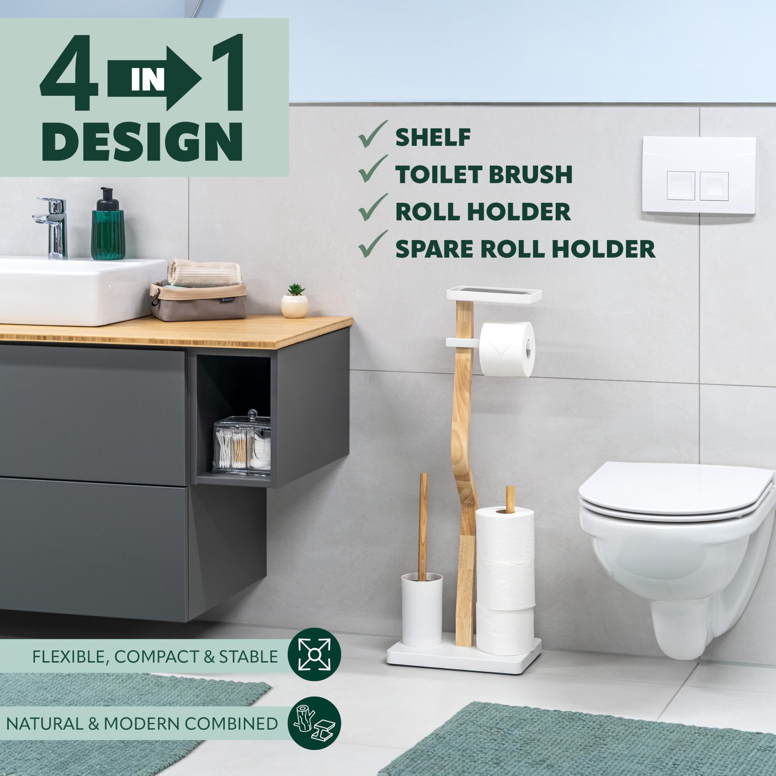eluno Set WC 4 in 1, set WC autoportante con scopino per WC, 2 testine di ricambio, portarotolo per 3 ruote e ripiano, in legno certificato FSC e metallo bianco