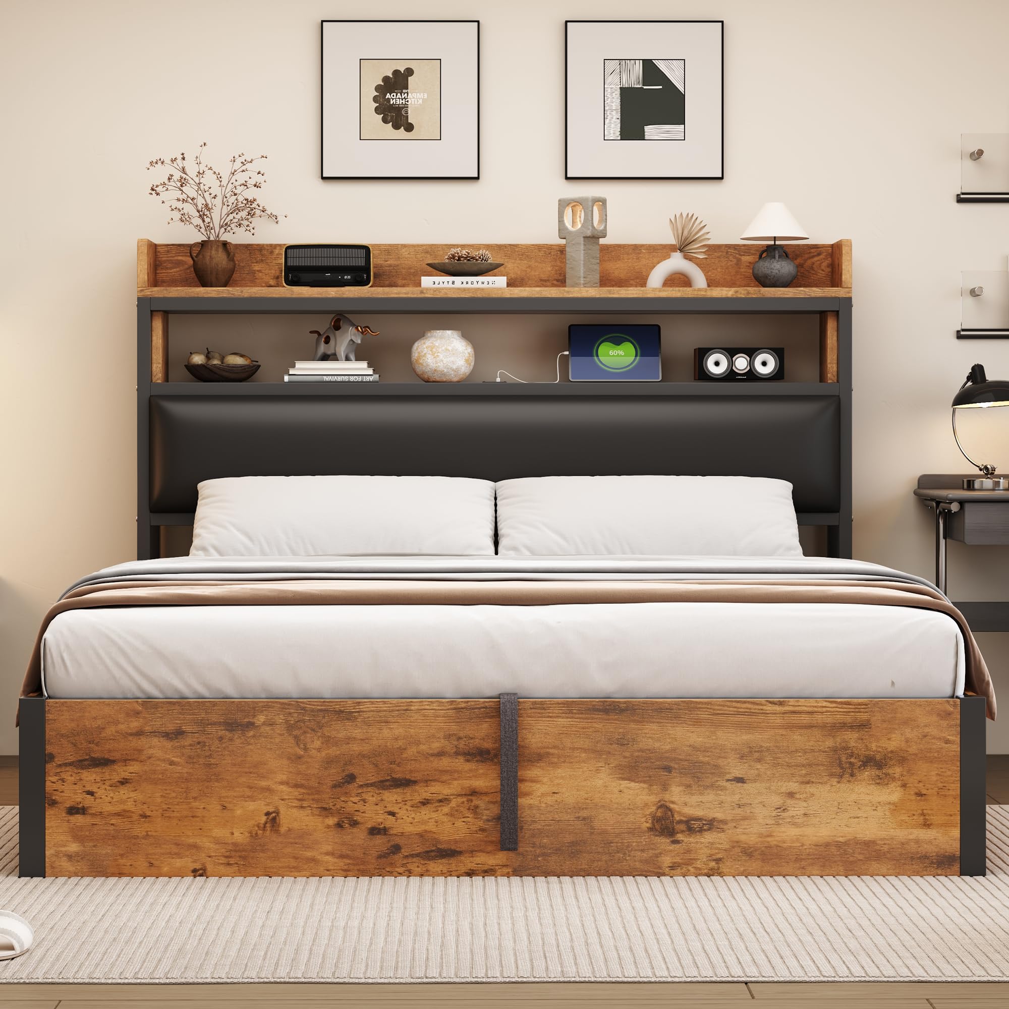 Letto 180 x 200 con sollevamento idraulico, USB, testata imbottita, design vintage in legno e metallo, spazio di archiviazione nascosto per letto matrimoniale. Mobili moderni per camera da letto