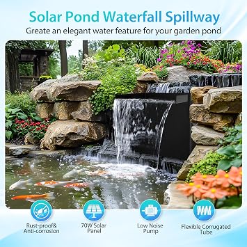 POPOSOAP 70W Solar Pond Waterfall Spillway Kit, 304 Stainless Steel Pondless Waterfall Box with 10FT Corrugated Tubing, 4 Pcs Filter Brushes, 580GPH Solar Powered Water Pump for Garden Ponds