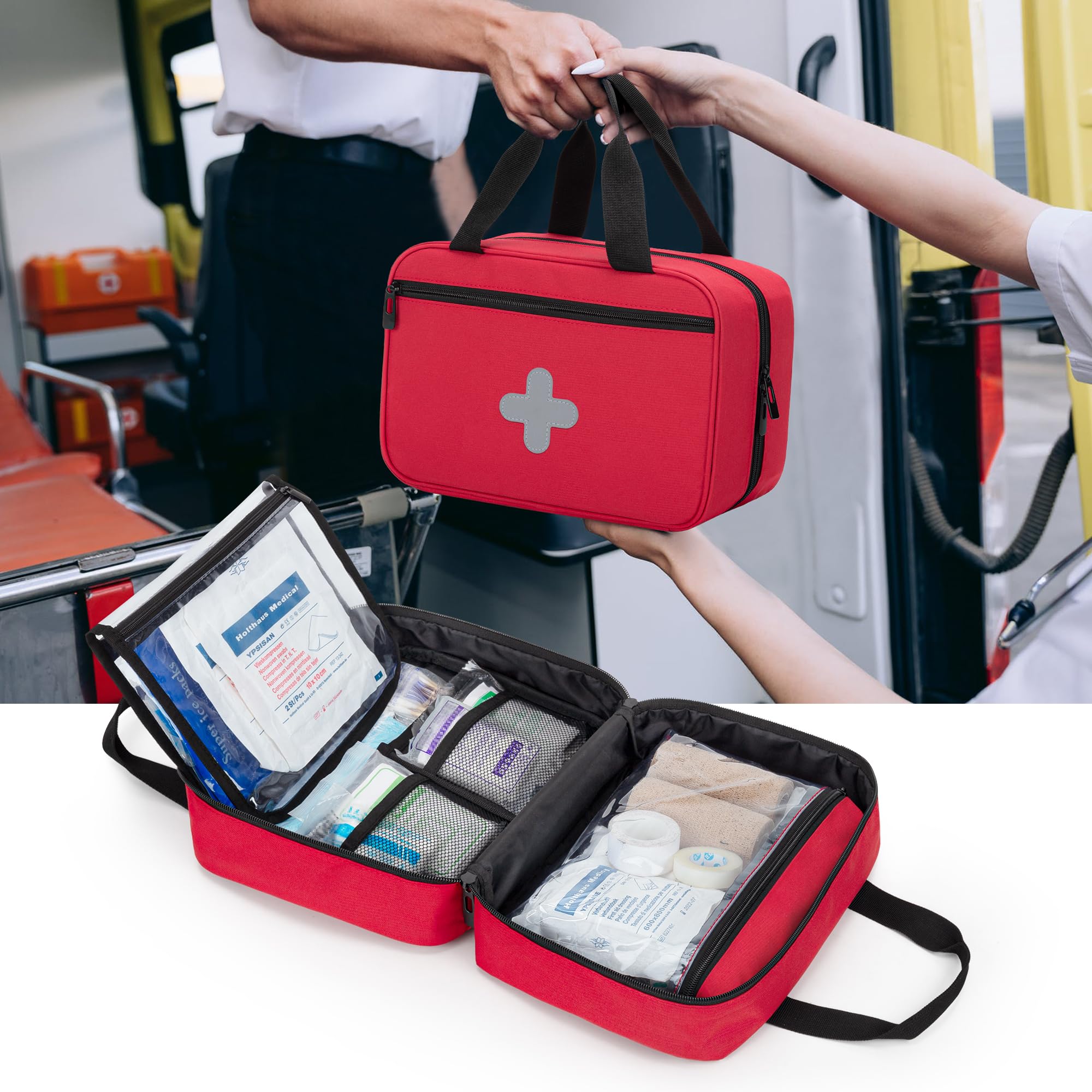 CURMIO Bolsa de Primeros Auxilios, Botiquín de Emergencia para Senderismo, Acampada, Coche, Viajes, Hogar y Exteriores, Bolsa Médica Vacía, Rojo