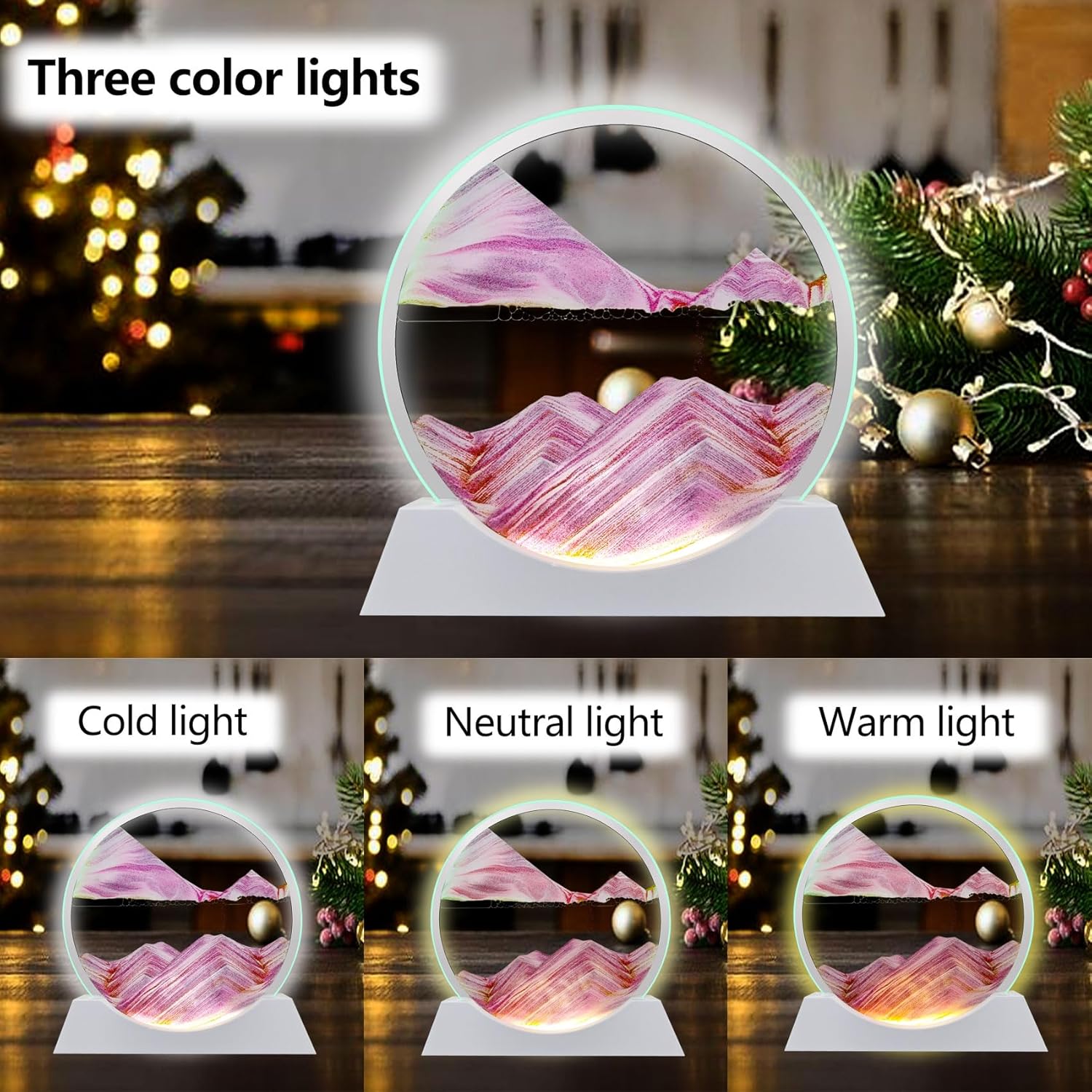 Aoderun 7" Moving Sand Art Liquid Motion with Light 3 Color Changing Moving Sand Art Picture Round Glass 3D Deep Sea Sand Art Sandscapes for Adult Relaxing Toys Desktop Home Office(Pink)