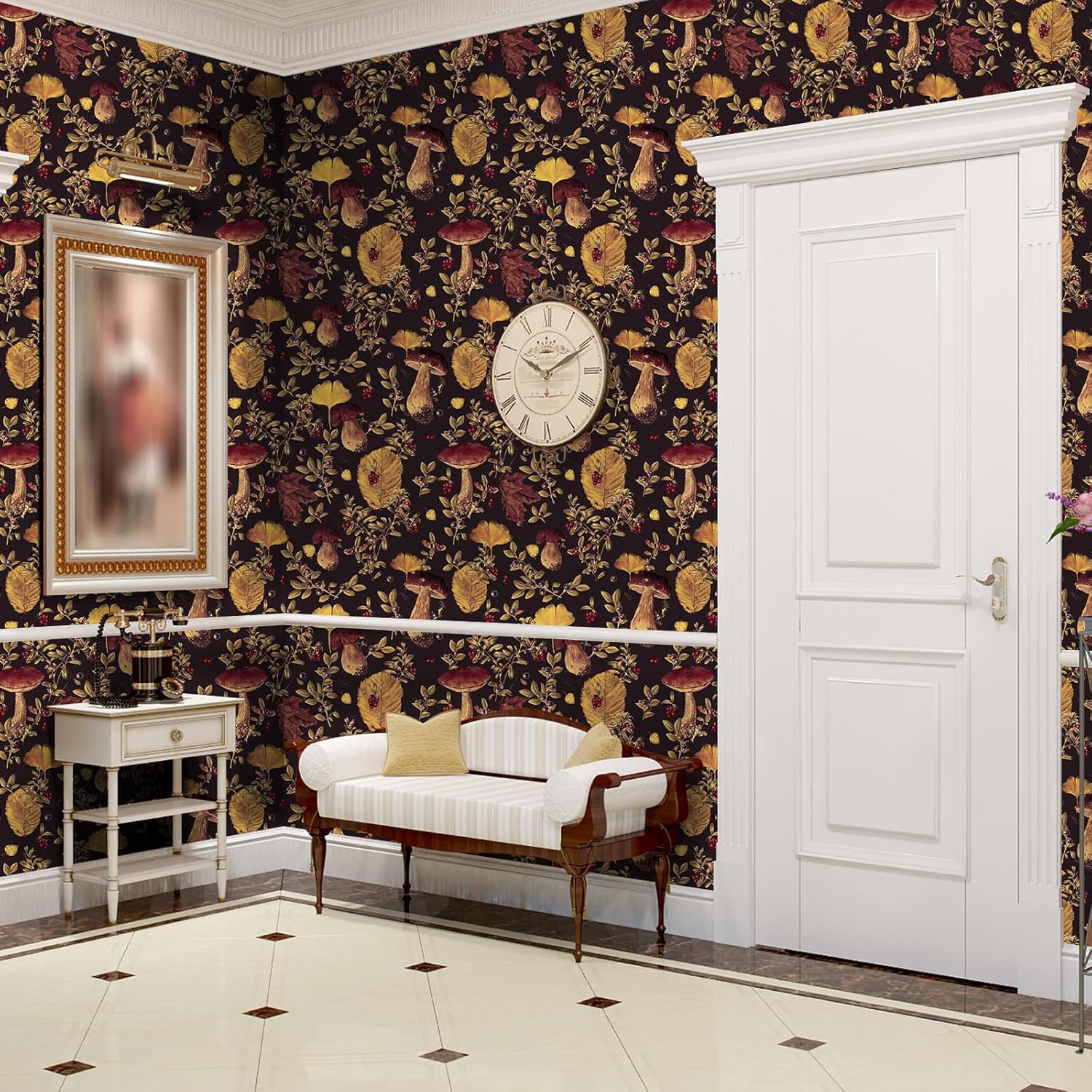VaryStyle 17.7"x393" Black Gold Mushroom Wallpaper Peel and Stick Vintage Forest Black Floral Wallpaper Renter Friendly Waterpoof Vinyl Autumn Patterned Contact Paper for Walls Shelf Furniture Bedroom