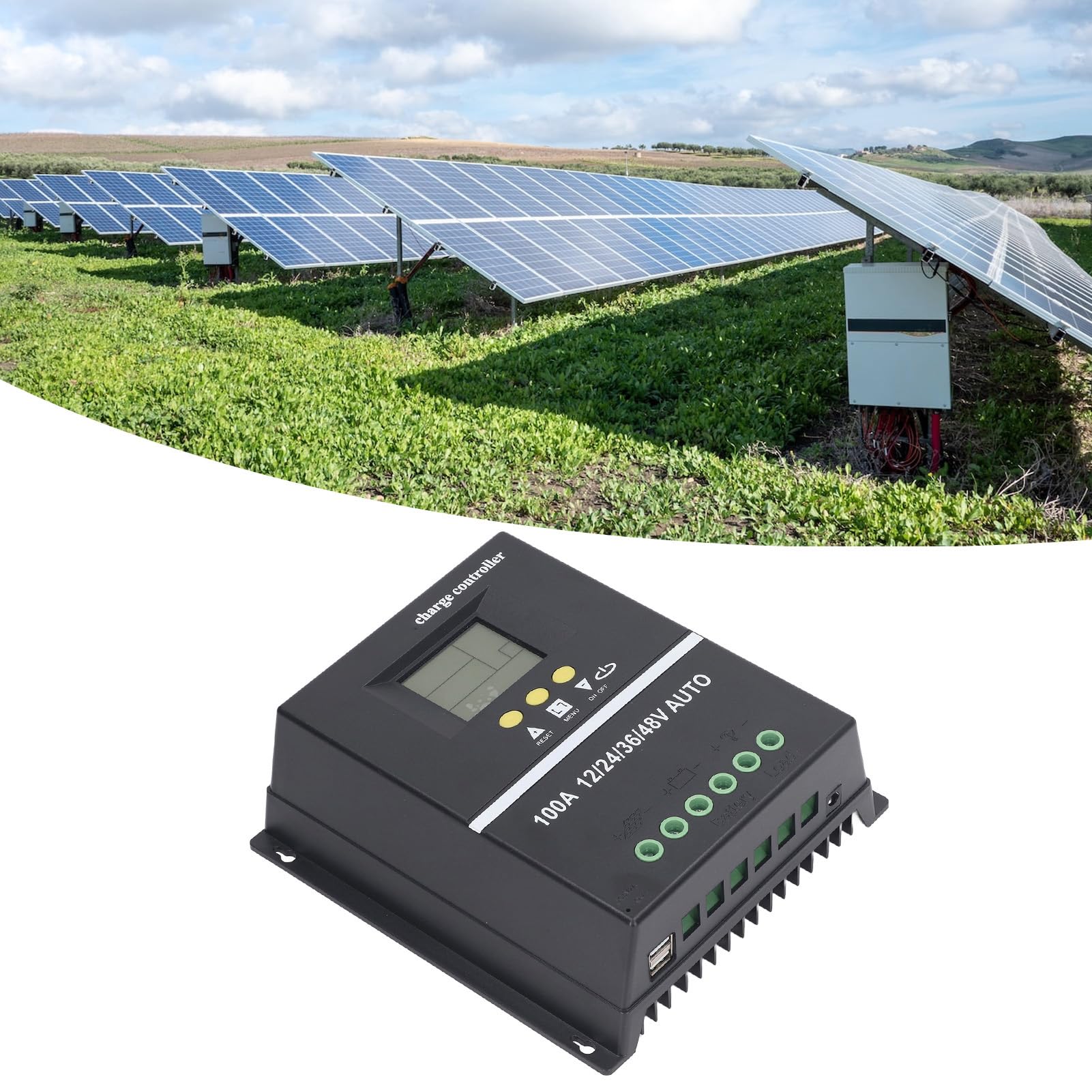 Controlador de Carga Solar MPPT de 100 A, Regulador de Panel Solar Adaptativo de 12 V, 24 V, 36 V y 48 V con Puerto USB Dual y Pantalla LCD Retroiluminada para Batería de Litio