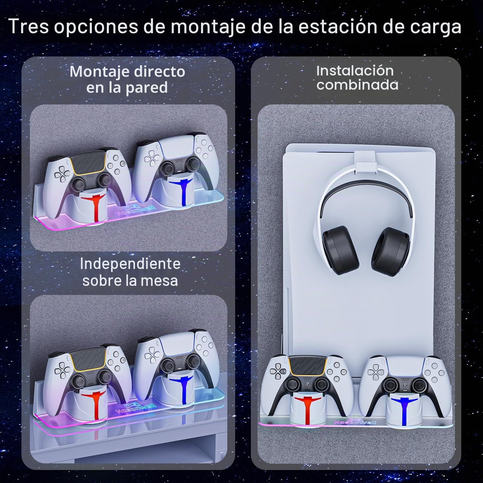 Hosanwell Soporte de Pared para PS5/PS5 Slim/PS5 Pro con Estación de Carga, Compatible con PS5 Disc & Digital Versión, Estación de Carga con Multimodo RGB Luz, Blanco