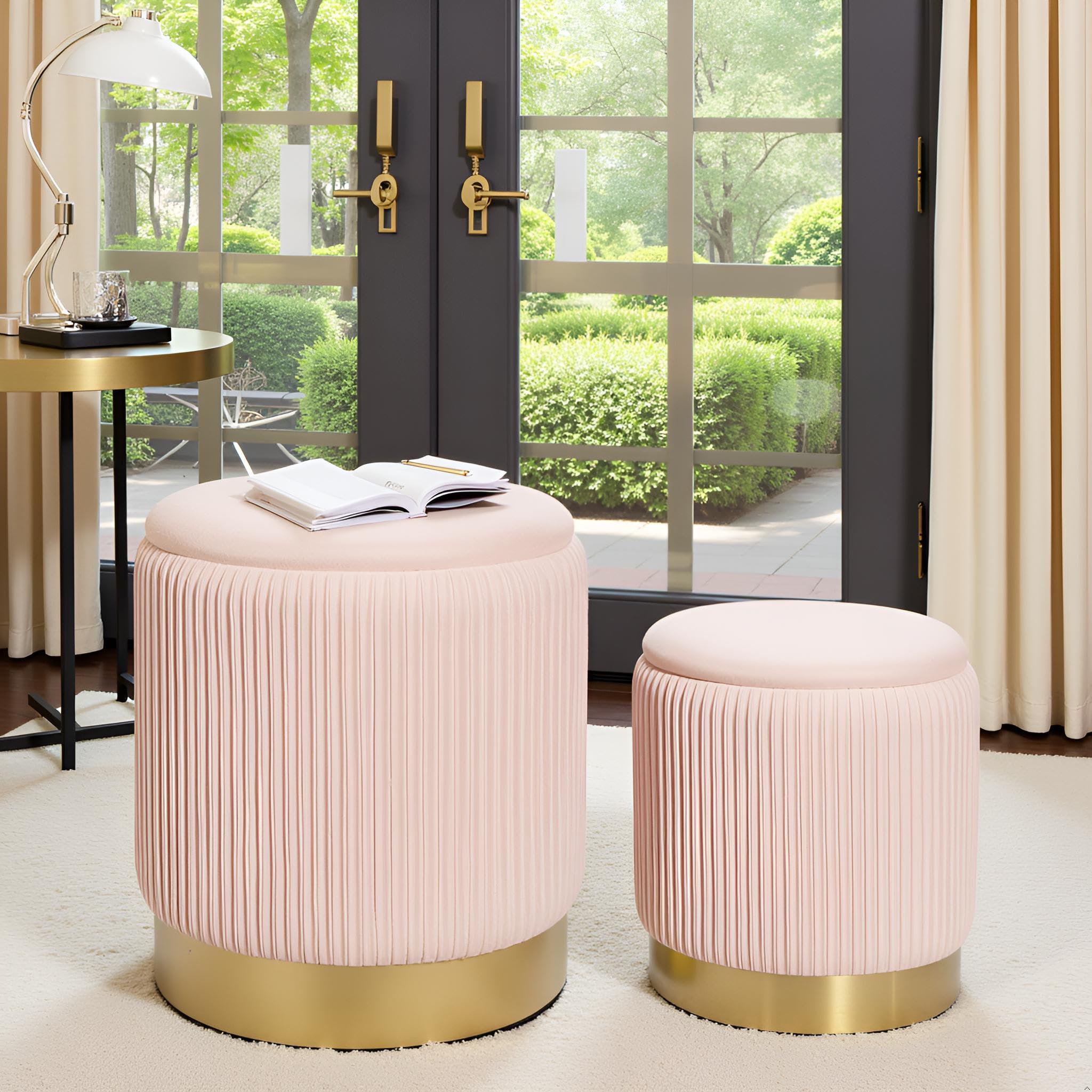 AllE quip 2er-Set Hocker mit Stauraum Samt Sitzhocker Rund Schminktisch Hocker Aufbewahrungshocker für Wohnzimmer, Schlafzimmer, Kinderzimmer, Badezimmer – 2 Größen (Rose) Küche, Haushalt & Wohnen