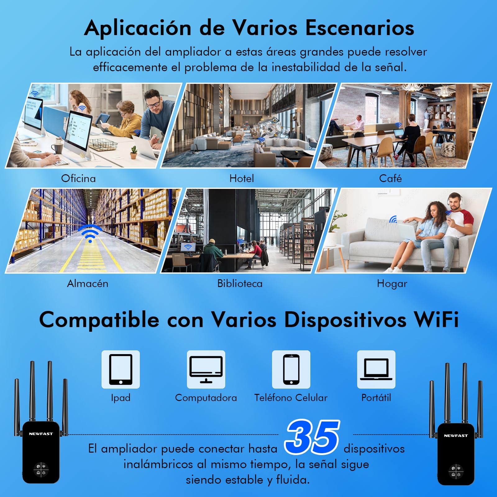 NEWFAST Repetidor WiFi AC1200 Amplificador Señal WiFi 5GHzy2,4GHz Amplificador Wi-Fi, 4 * 3dBi Antenas, Punto de Acceso con Cobertura de 360°,Extensor Wi-Fi (Negro)