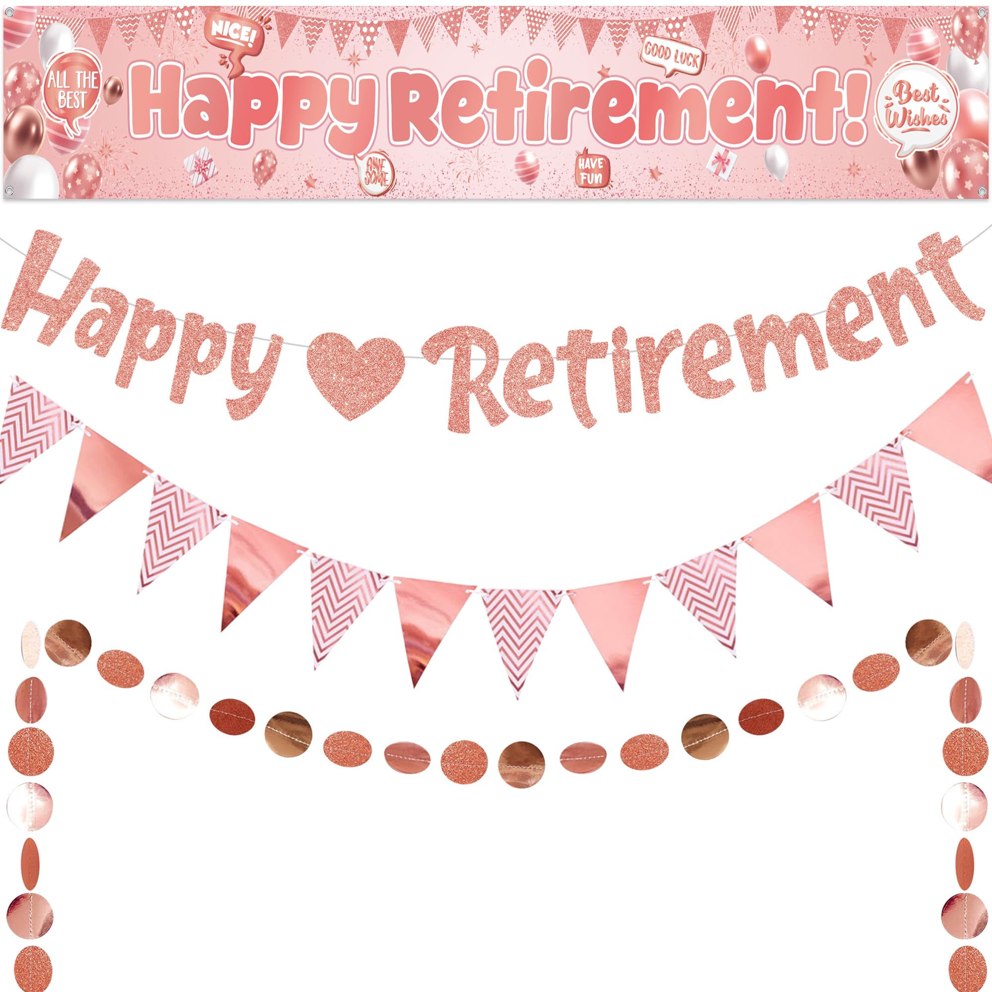 Retirement Banner Decorations Rose Gold - Happy Retirement Banners Bunting 4m Circle Dot Garland Party Supplies, Glitter Banner Hanging Decor for Retired Women Colleagues