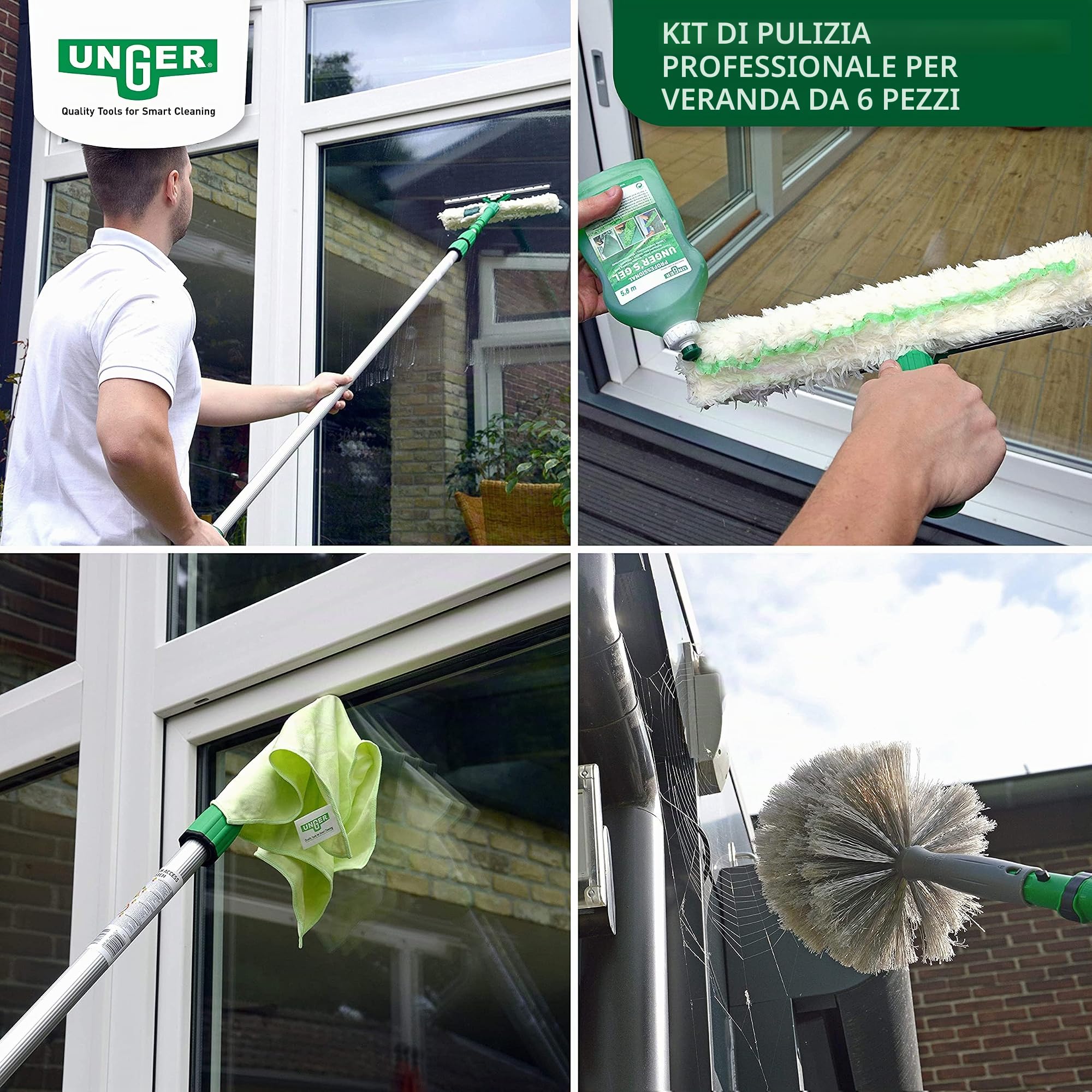UNGER AK130 - Set di pulizia per giardino d'inverno (con detergente, lavavetri, asta di prolunga, panni in microfibra, pulizia senza aloni)