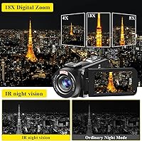 Vista 4 de Cámara de video, videocámara Full HD 1080P 30MP, cámara de vlogging para YouTube con visión nocturna infrarroja, zoom digital de 18X, pantalla LCD