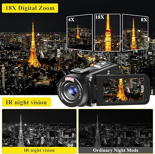 Miniatura 4 de Cámara de video, videocámara Full HD 1080P 30MP, cámara de vlogging para YouTube con visión nocturna infrarroja, zoom digital de 18X, pantalla LCD